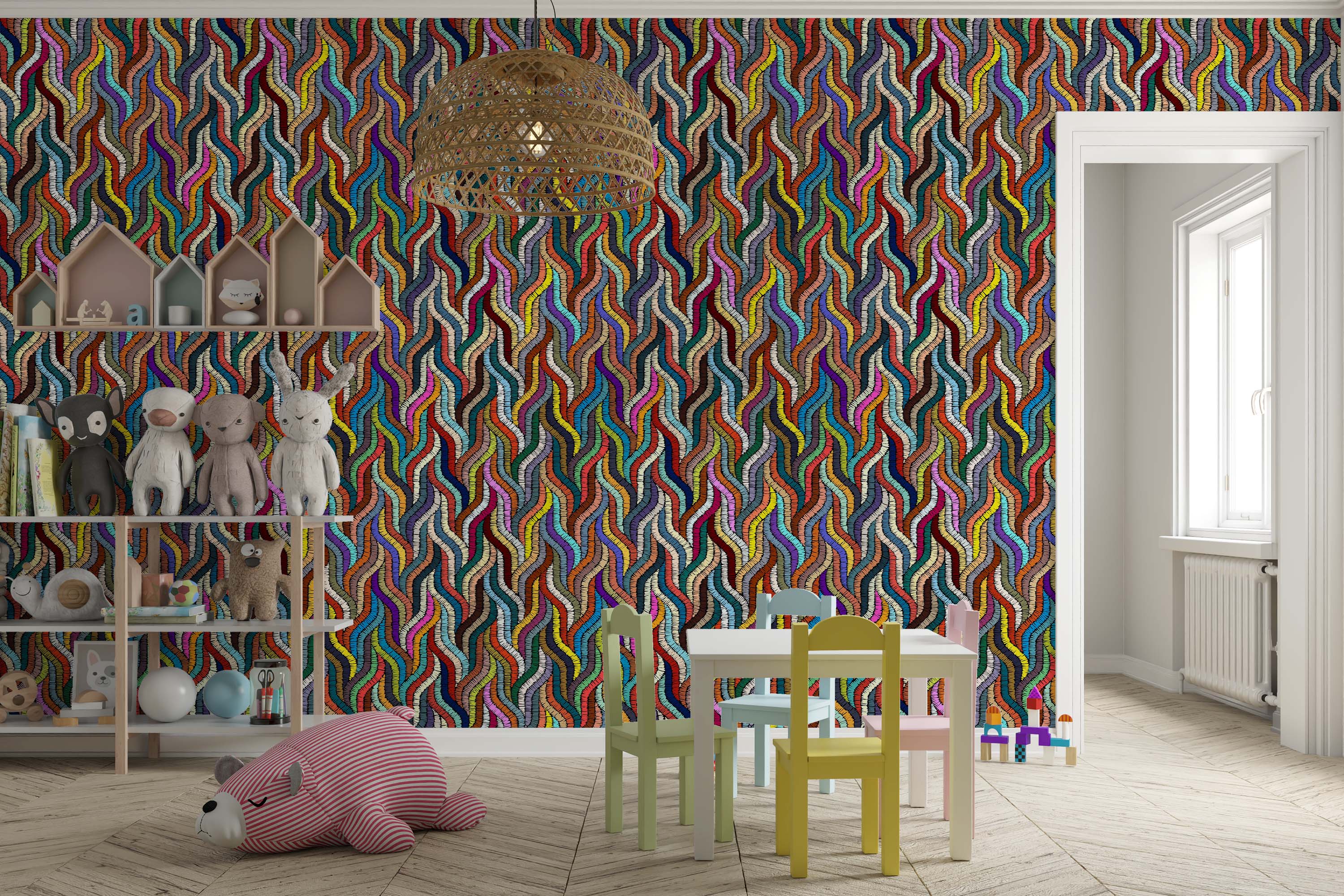 Wallpaper with vertical, wavy lines in a stitched texture, showcasing a vibrant spectrum of red, orange, yellow, green, blue, and purple.