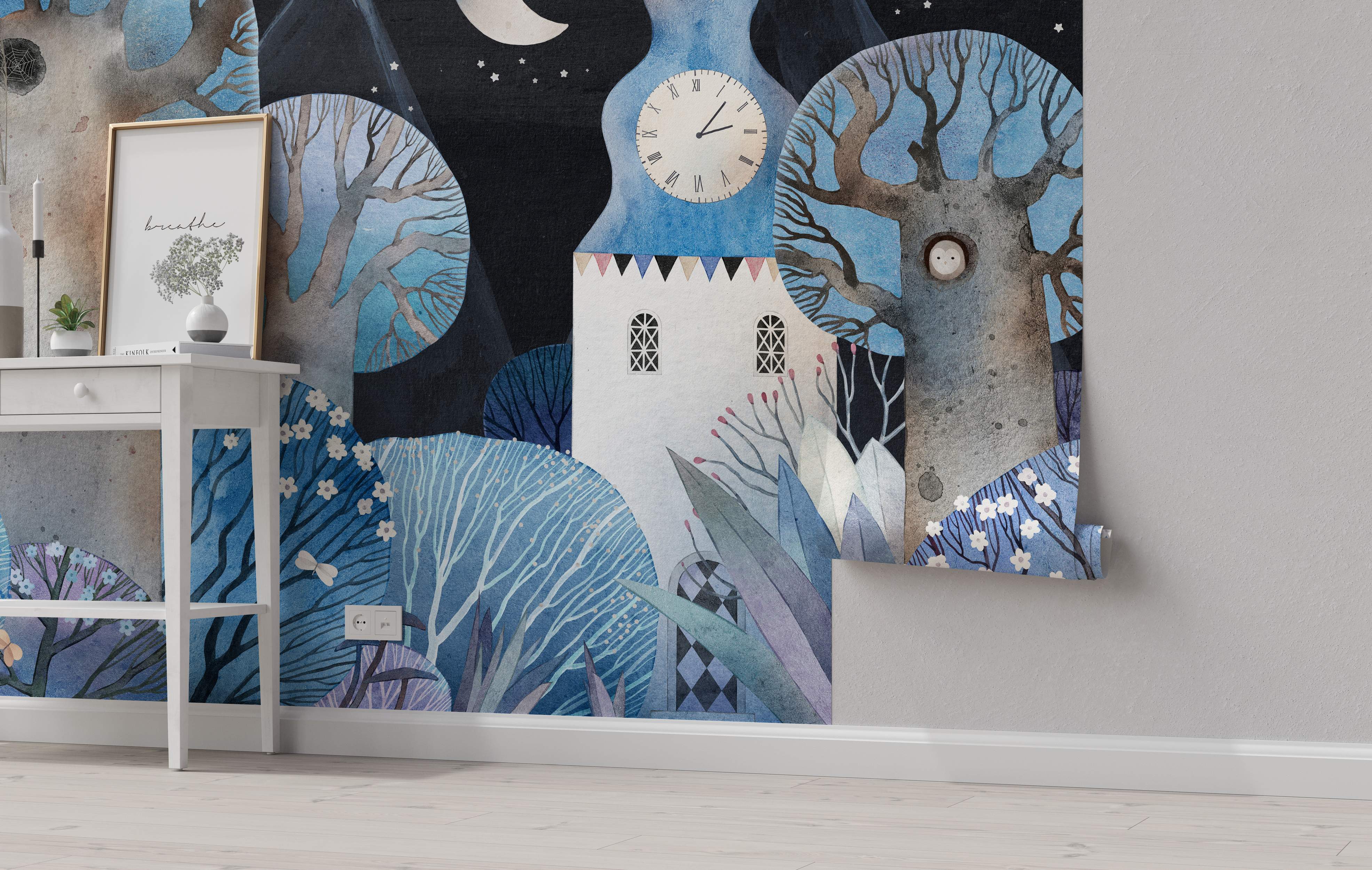 Painterly mural depicting a whimsical nighttime scene with a clock tower, stylized trees, moon, and stars in blue, black, and white.