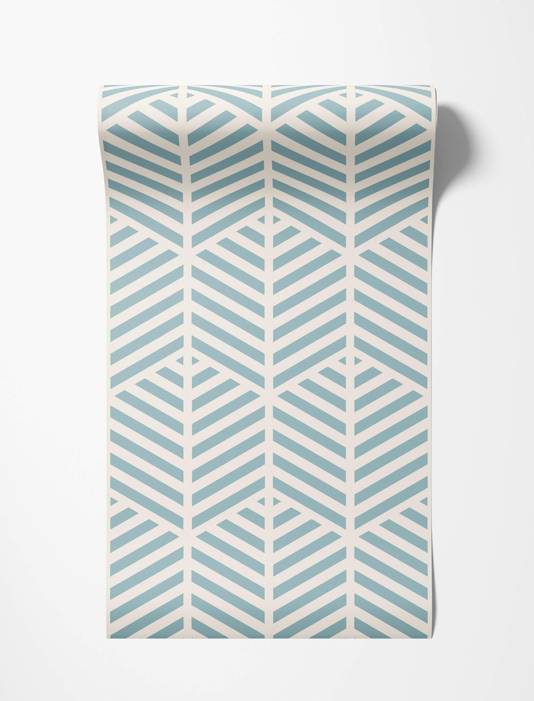 Repeating wallpaper pattern with striped chevron motifs in light blue and cream.