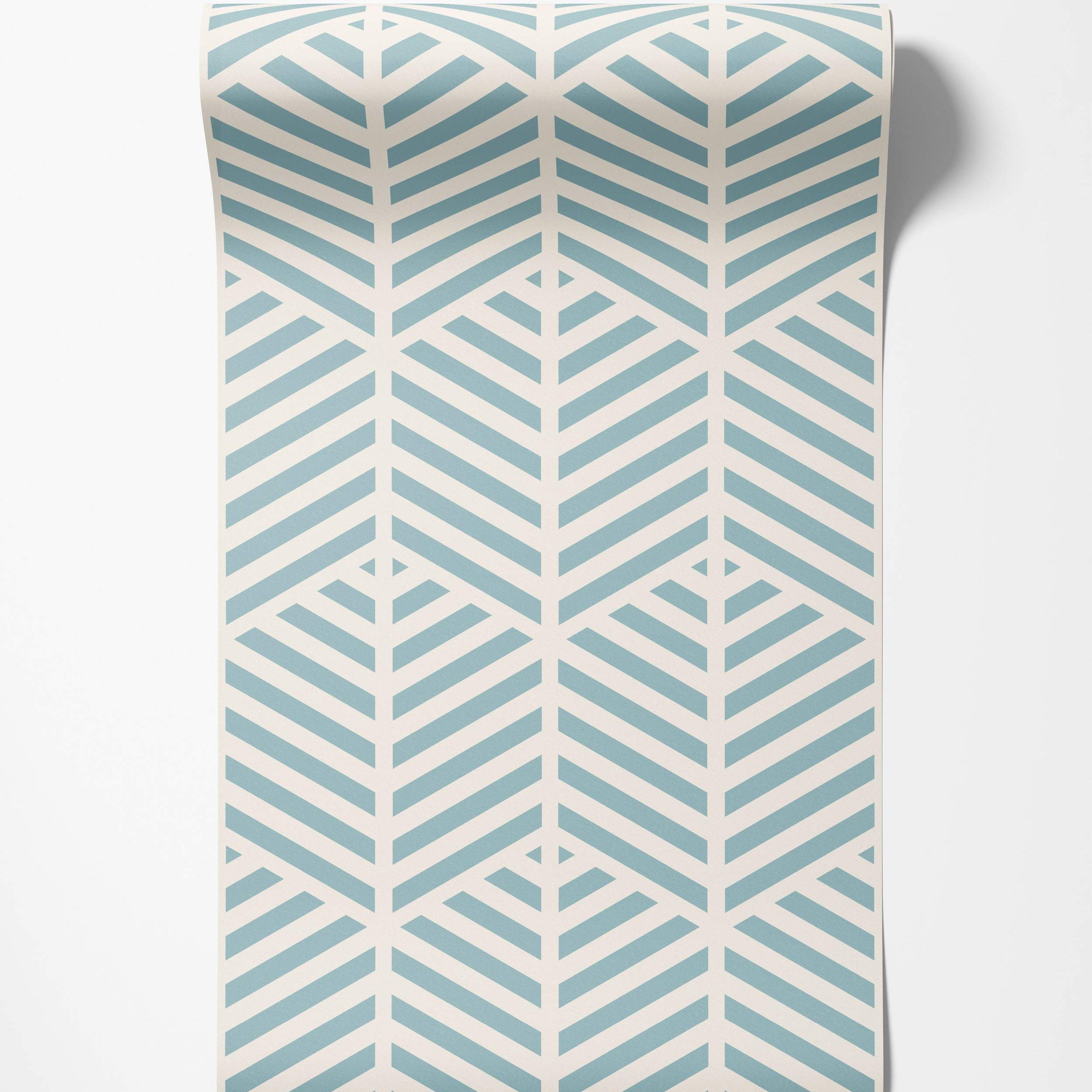Repeating wallpaper pattern with striped chevron motifs in light blue and cream.