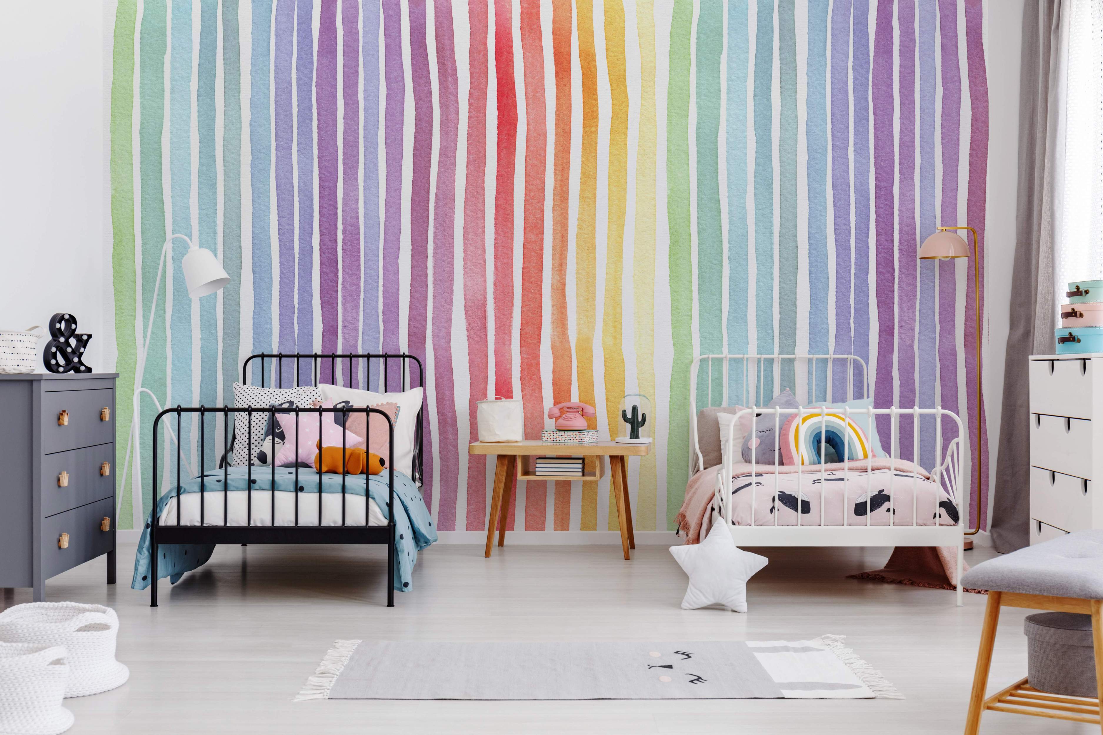 Watercolor stripes in rainbow colors on a wall mural