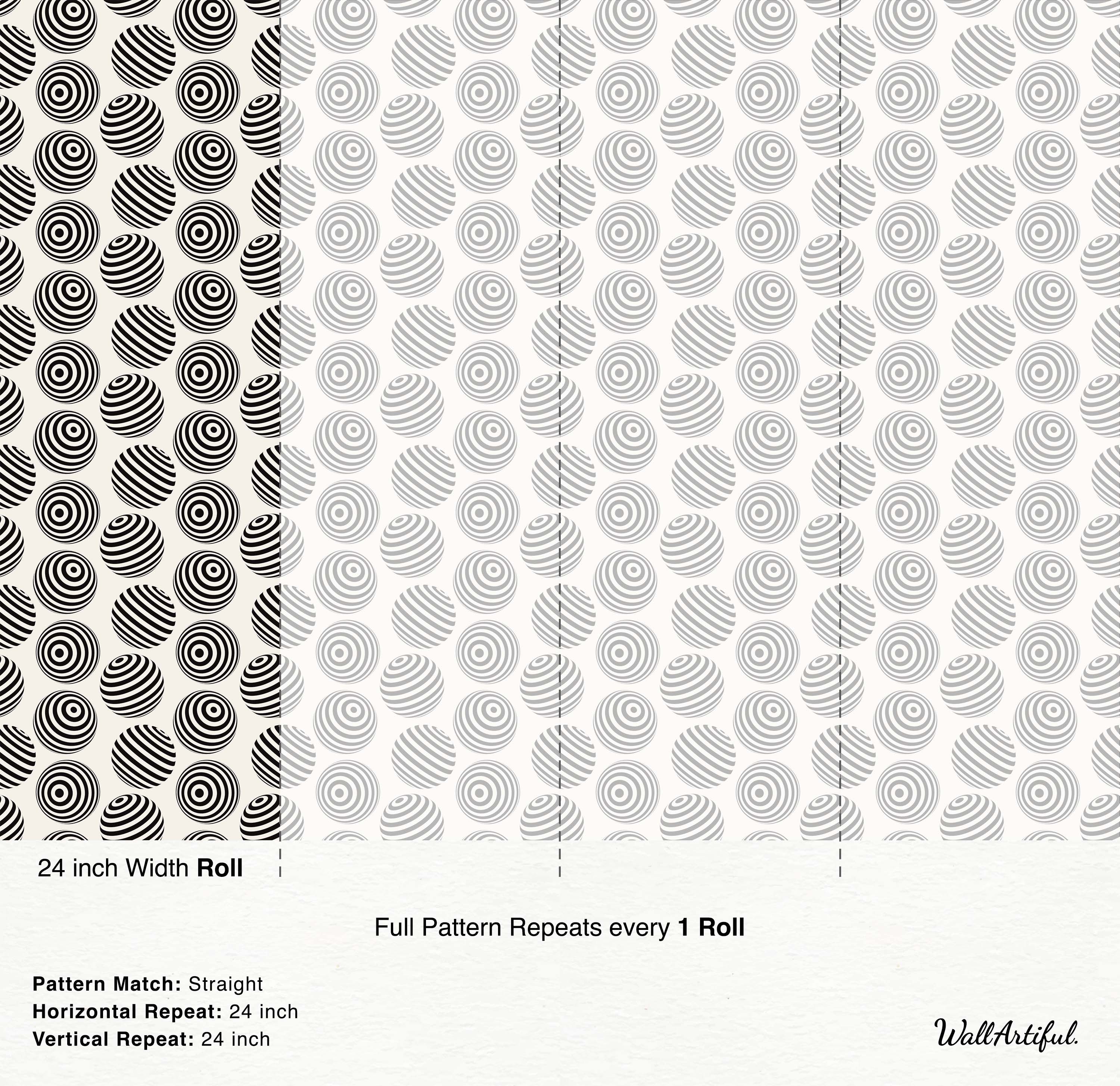 Geometric wallpaper featuring black and white striped spheres arranged in a grid pattern on a light background.