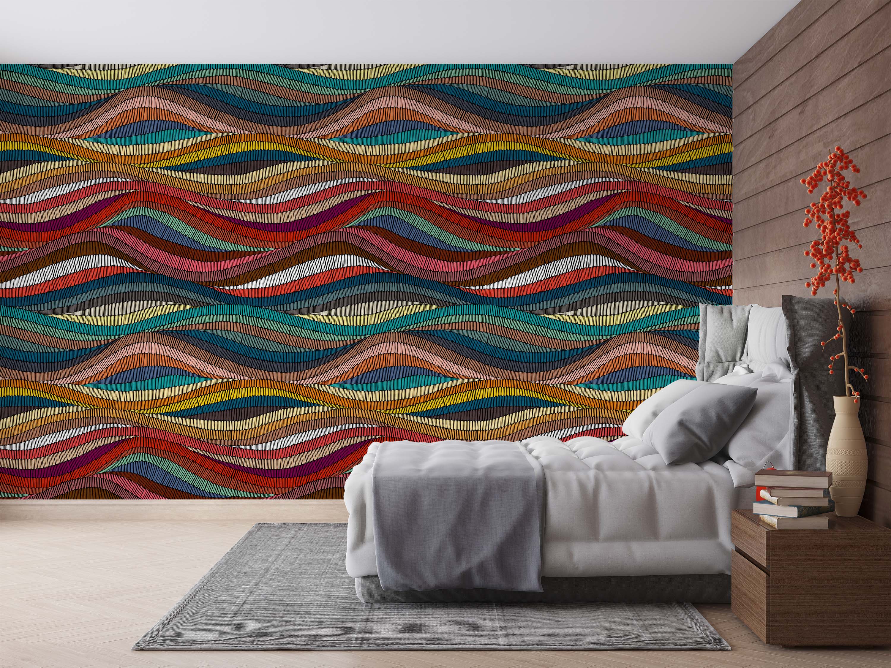 Wallpaper features a pattern of wavy, multicolor stripes with a hand-stitched texture, in shades of red, blue, and yellow.