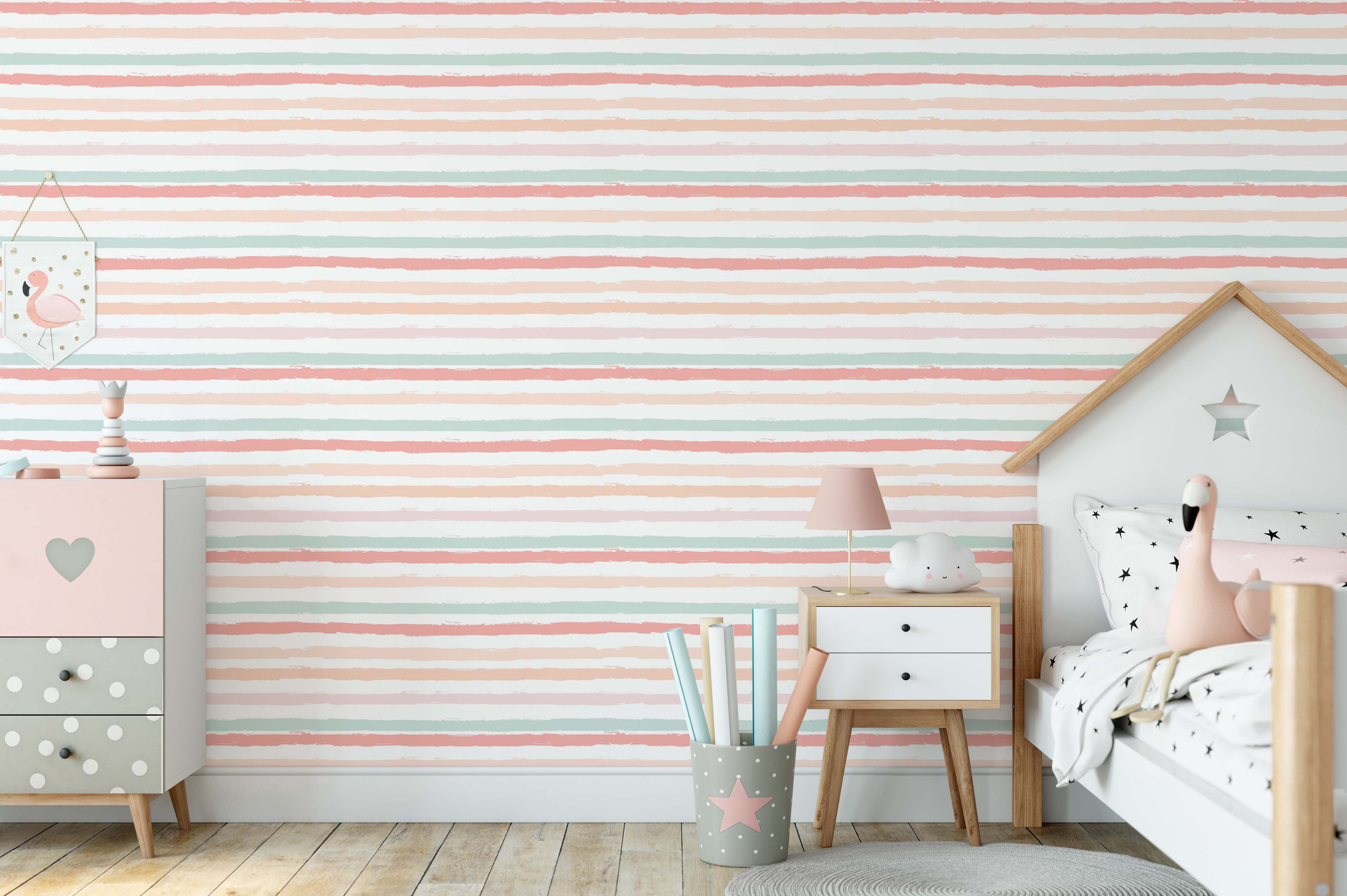 Wallpaper featuring horizontal brushstroke stripes in pastel pink, peach, and mint green on a white background.