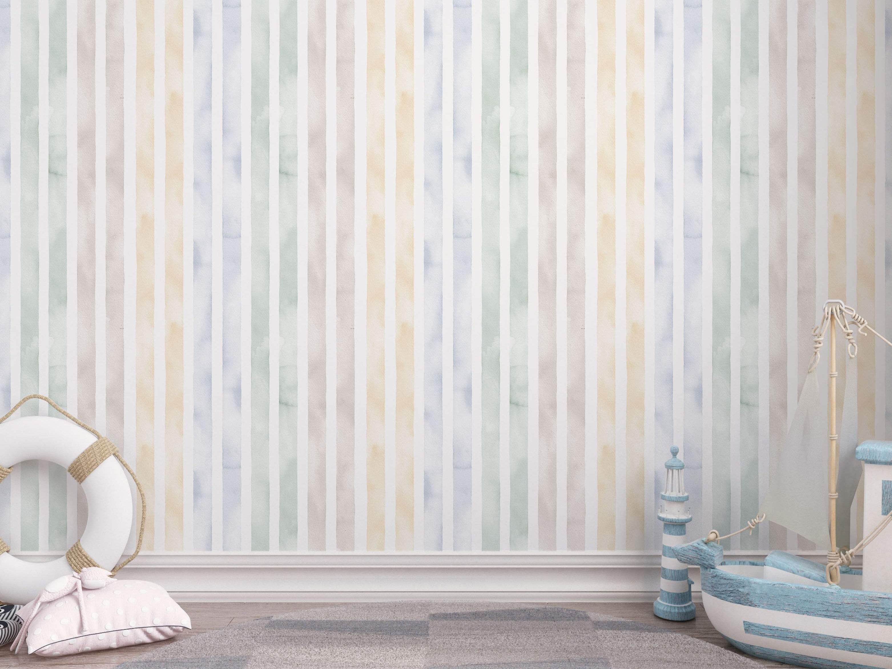 Watercolor striped wallpaper featuring vertical stripes in pastel blue, green, beige, and gray separated by white stripes.