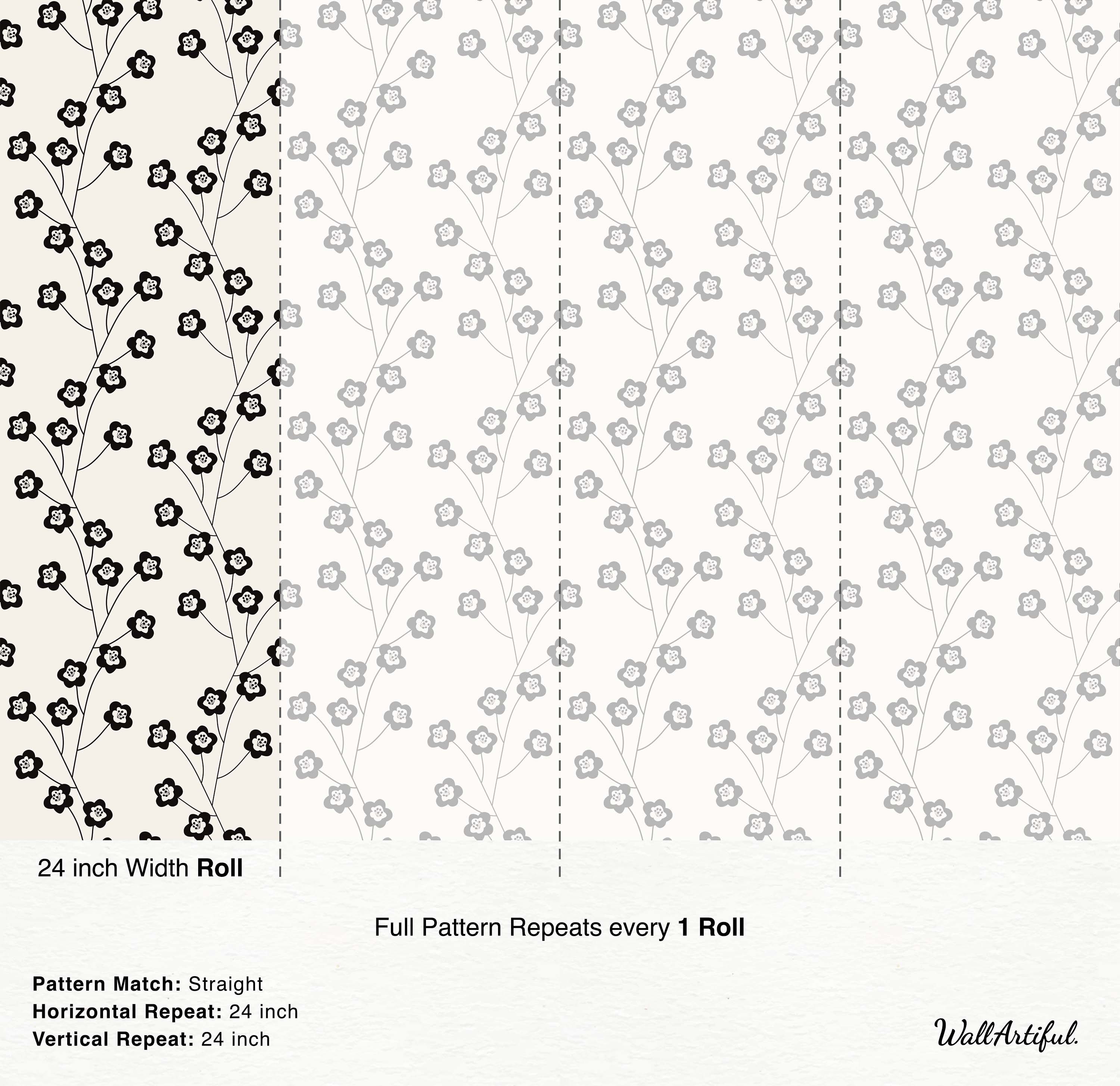 Wallpaper with a repeating pattern of stylized black five-petal flowers on delicate trailing stems, against a light cream background.