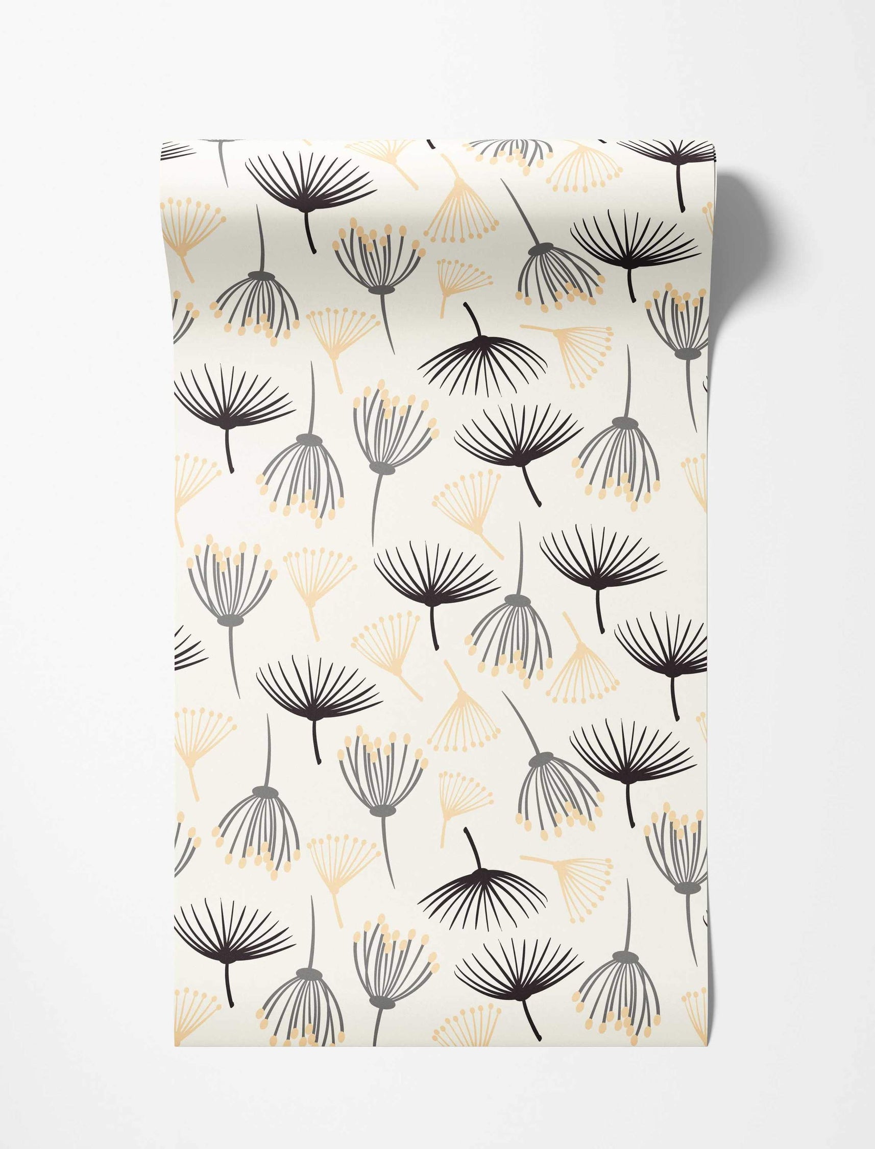 Wallpaper featuring a pattern of stylized dandelion-like flowers in black, grey, and pale yellow on an off-white background.