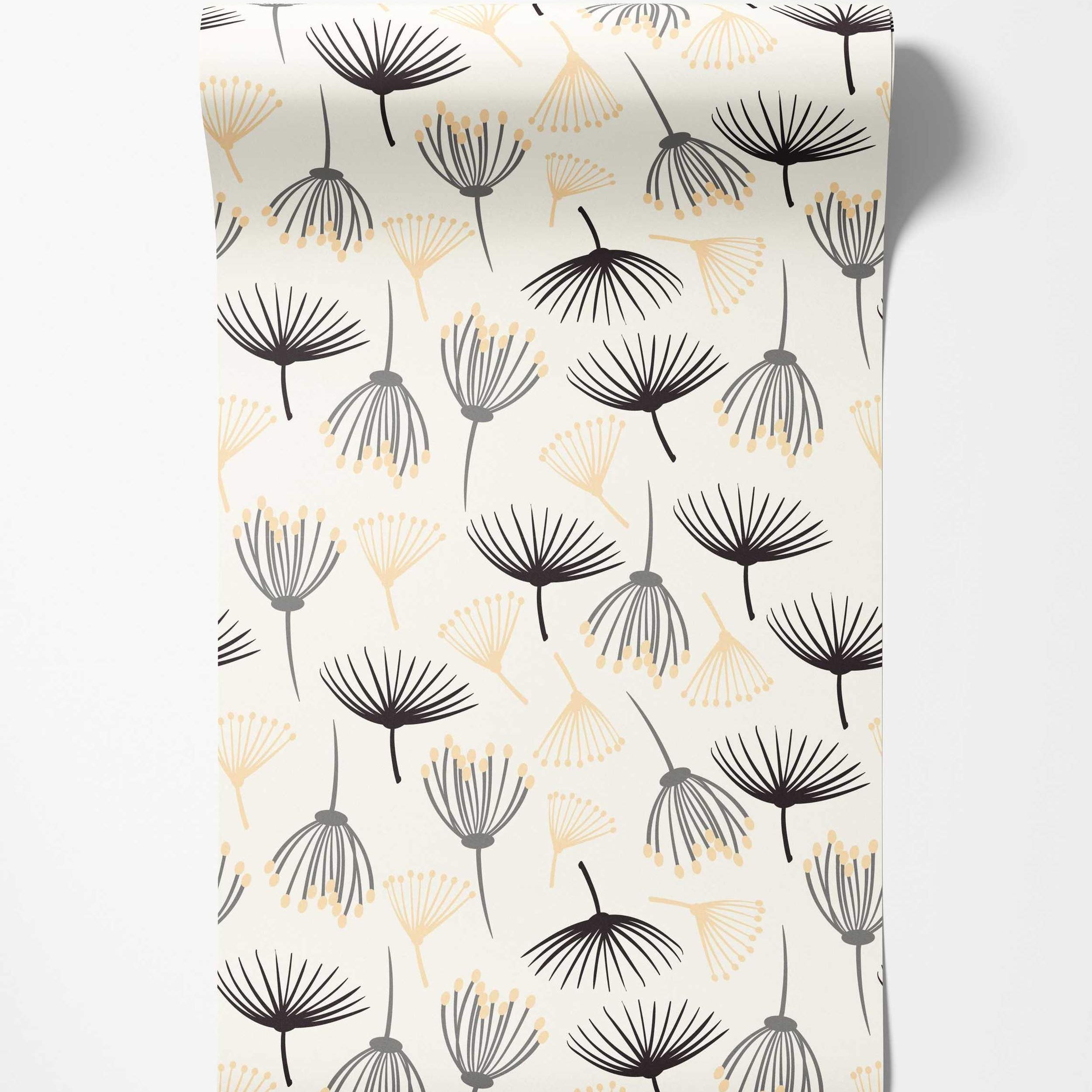 Wallpaper featuring a pattern of stylized dandelion-like flowers in black, grey, and pale yellow on an off-white background.