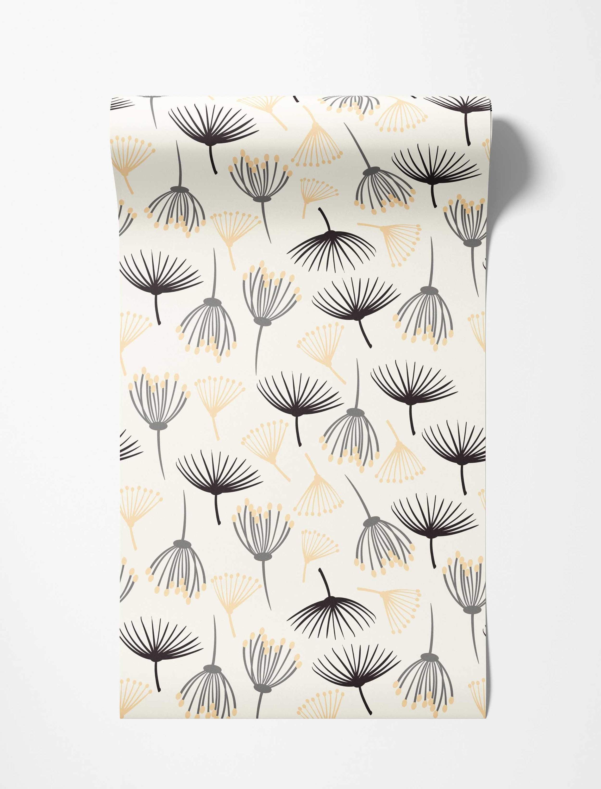 Wallpaper featuring a pattern of stylized dandelion-like flowers in black, grey, and pale yellow on an off-white background.