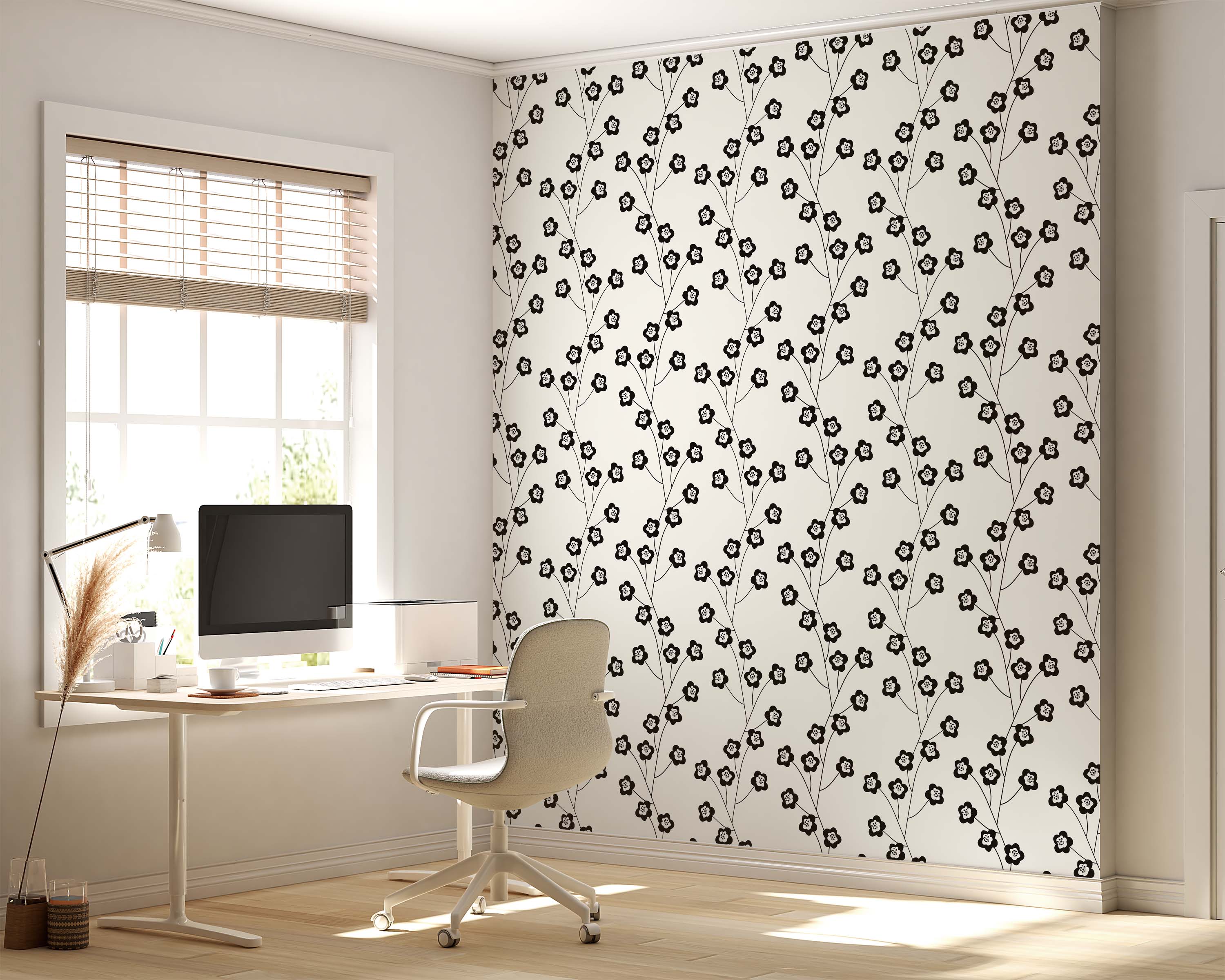 Stylized floral wallpaper with a repeating diagonal pattern of black flowers with white centers on an off-white background.
