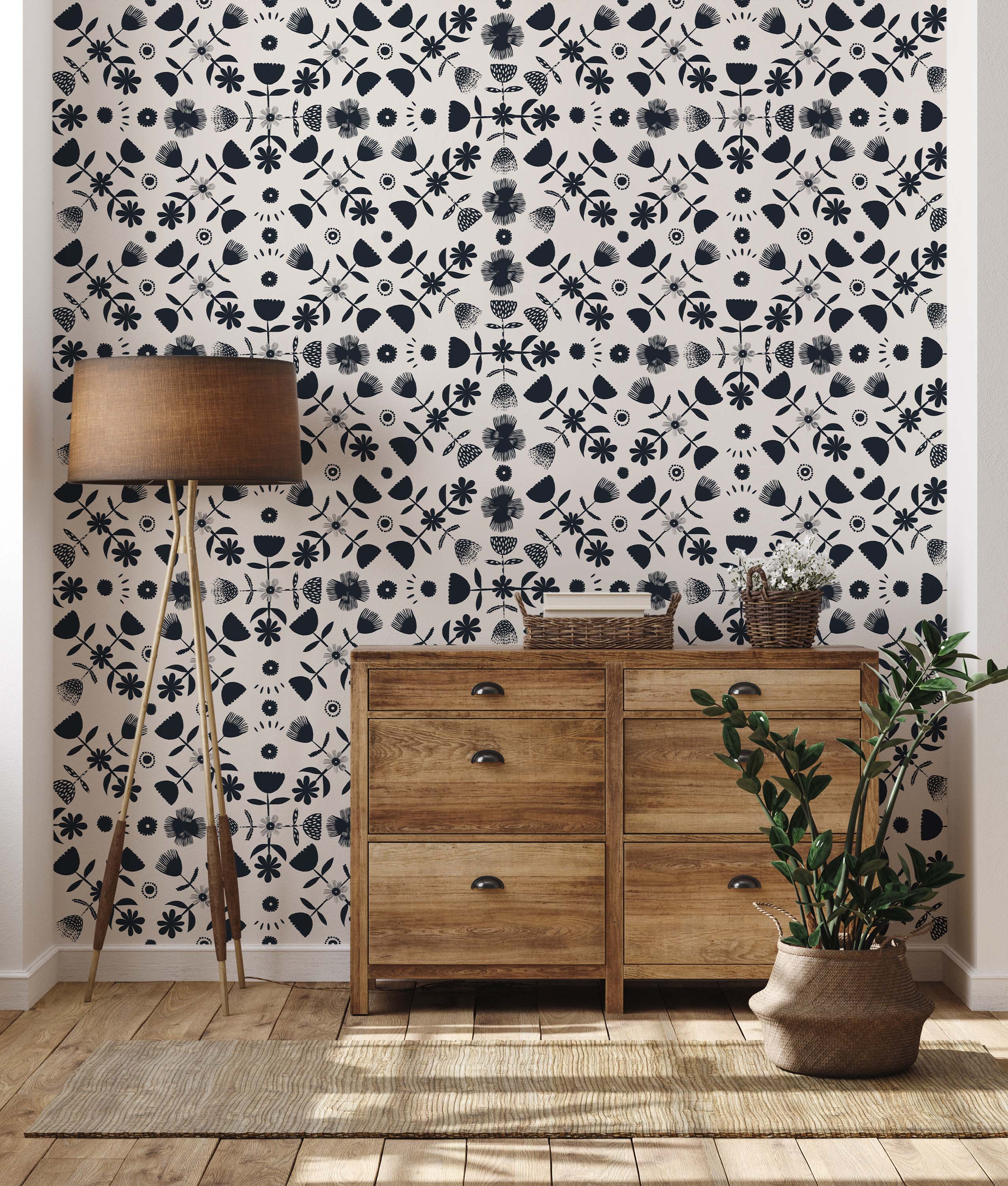 Cream wallpaper with a grid pattern of navy blue stylized floral and abstract folk-art motifs.