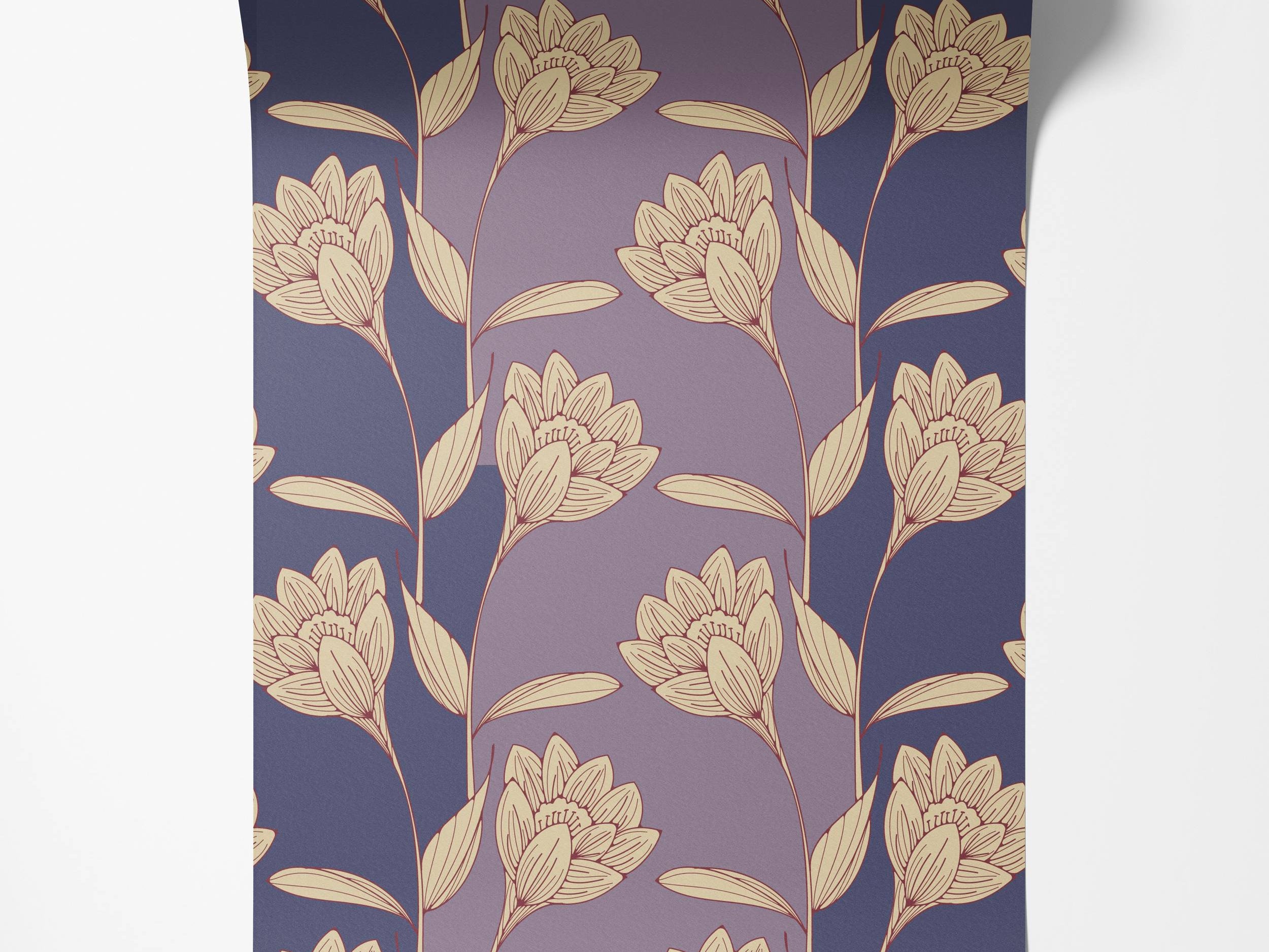 A wallpaper with a stylized floral pattern featuring beige flowers with maroon outlines over a striped, two-tone purple background.