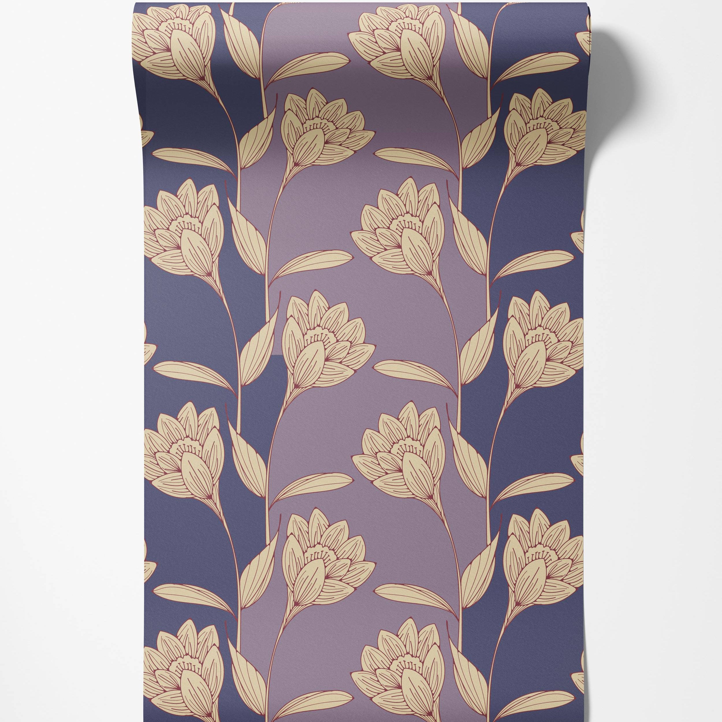 A wallpaper with a stylized floral pattern featuring beige flowers with maroon outlines over a striped, two-tone purple background.