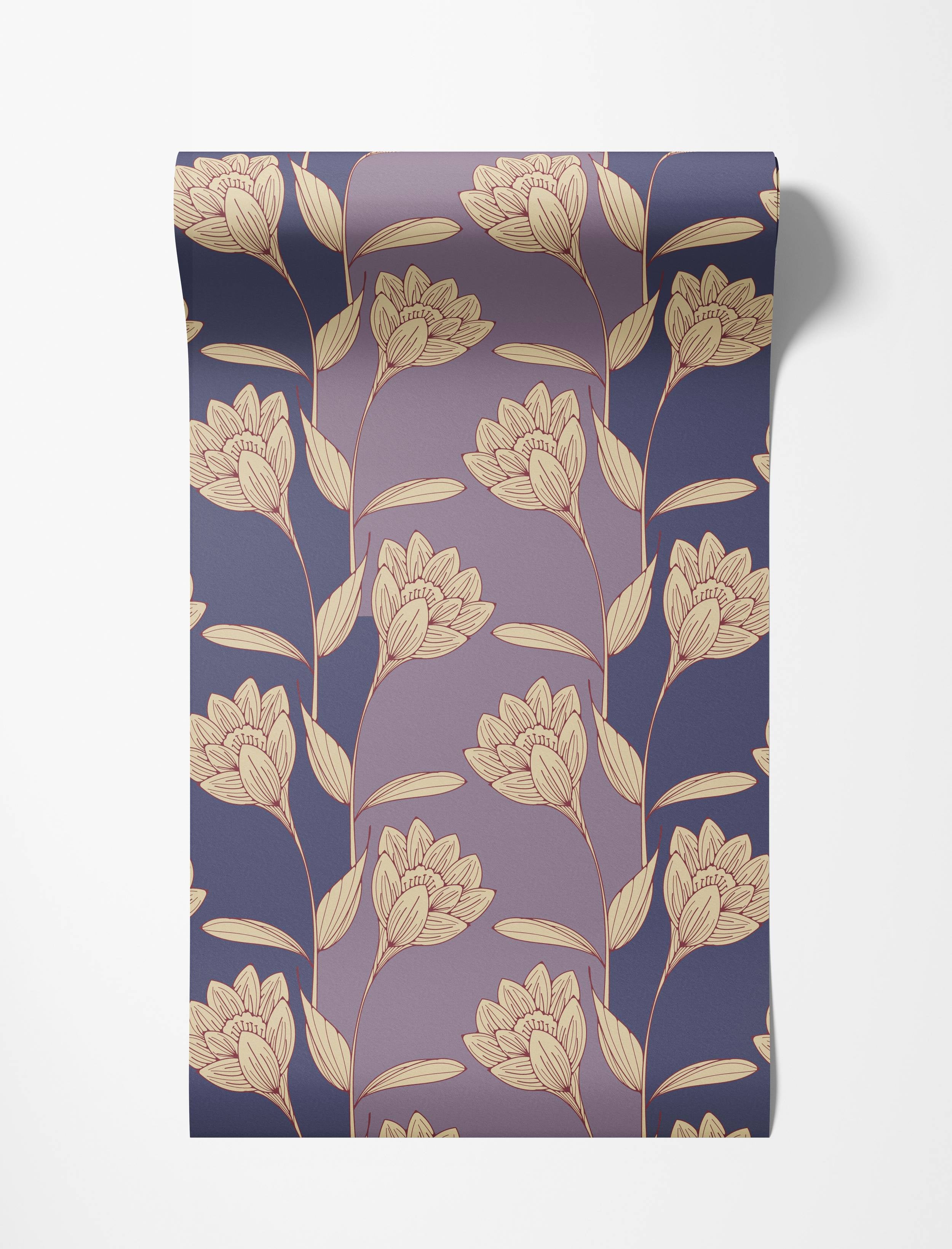A wallpaper with a stylized floral pattern featuring beige flowers with maroon outlines over a striped, two-tone purple background.