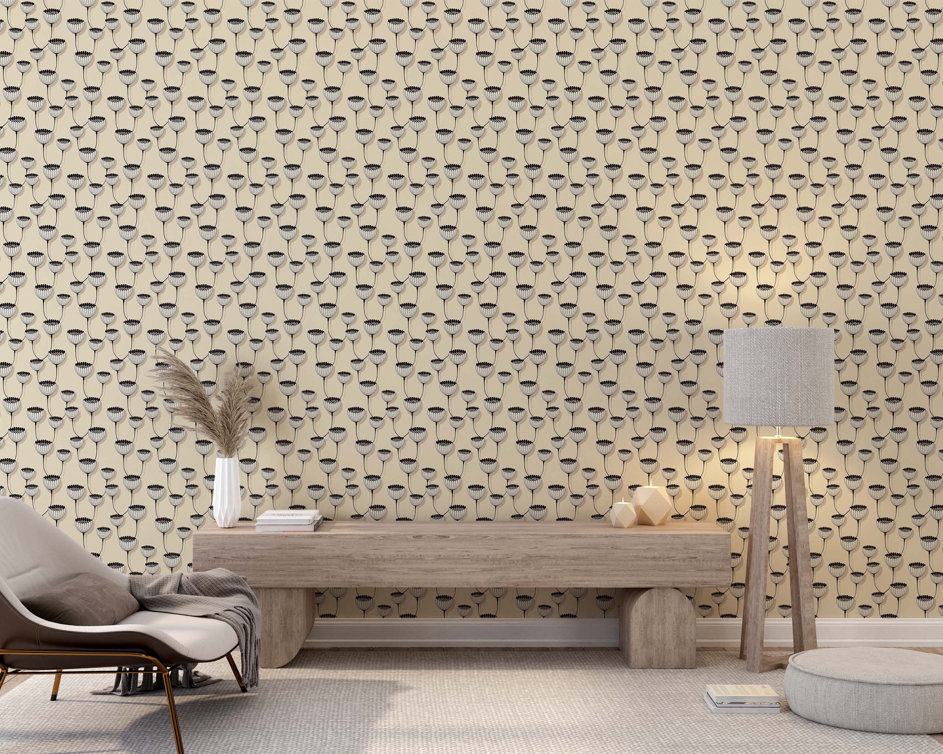 A wallpaper with a pattern of stylized black and white flowers on thin stems, arranged in a network on a beige background.
