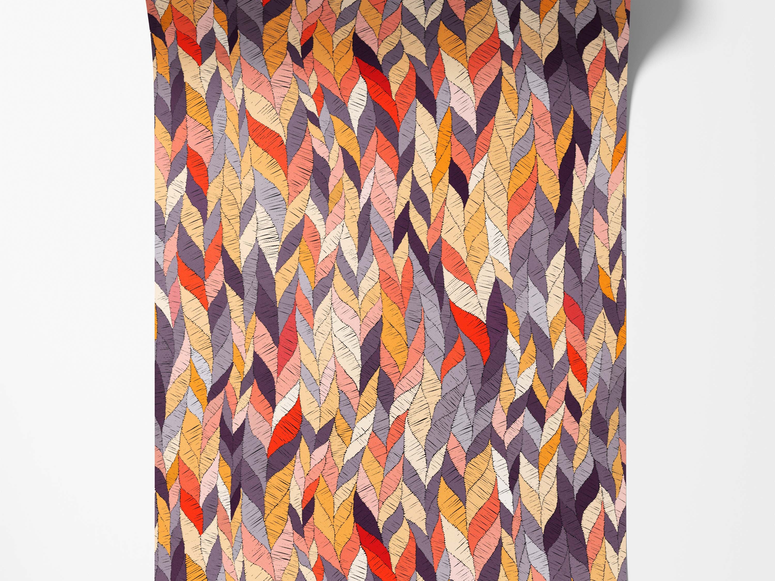Wallpaper with stylized leaves in warm oranges, reds, yellows, pinks, and purples, featuring a sketched texture.