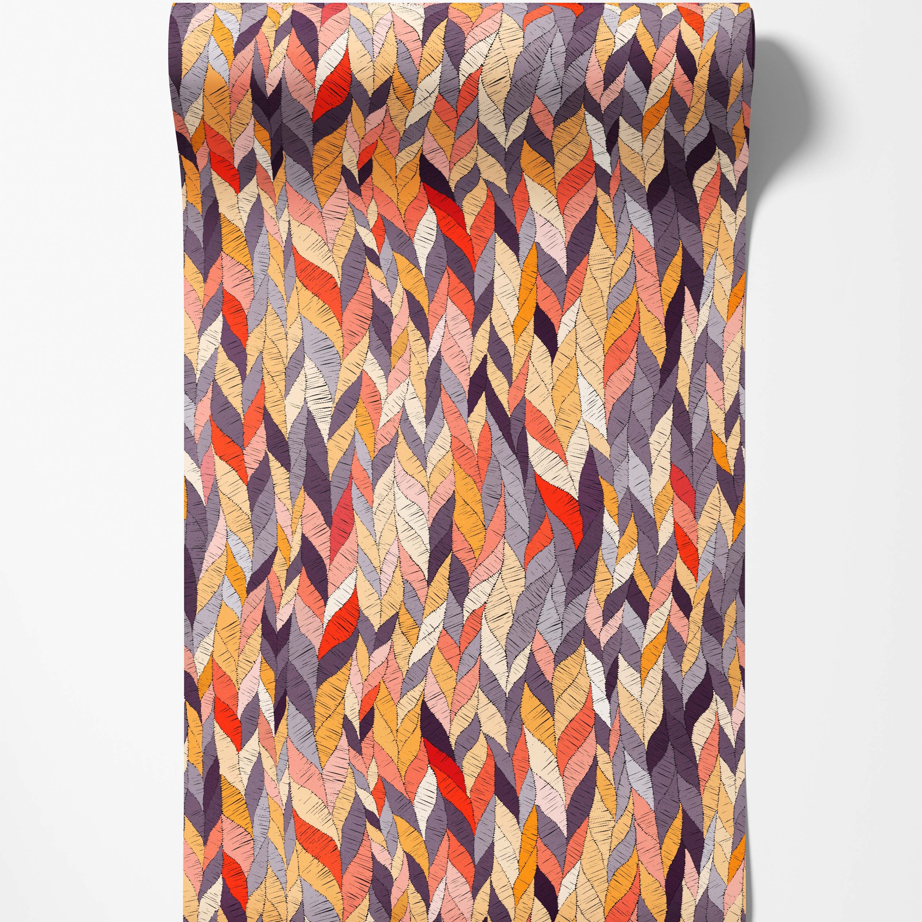 Wallpaper with stylized leaves in warm oranges, reds, yellows, pinks, and purples, featuring a sketched texture.