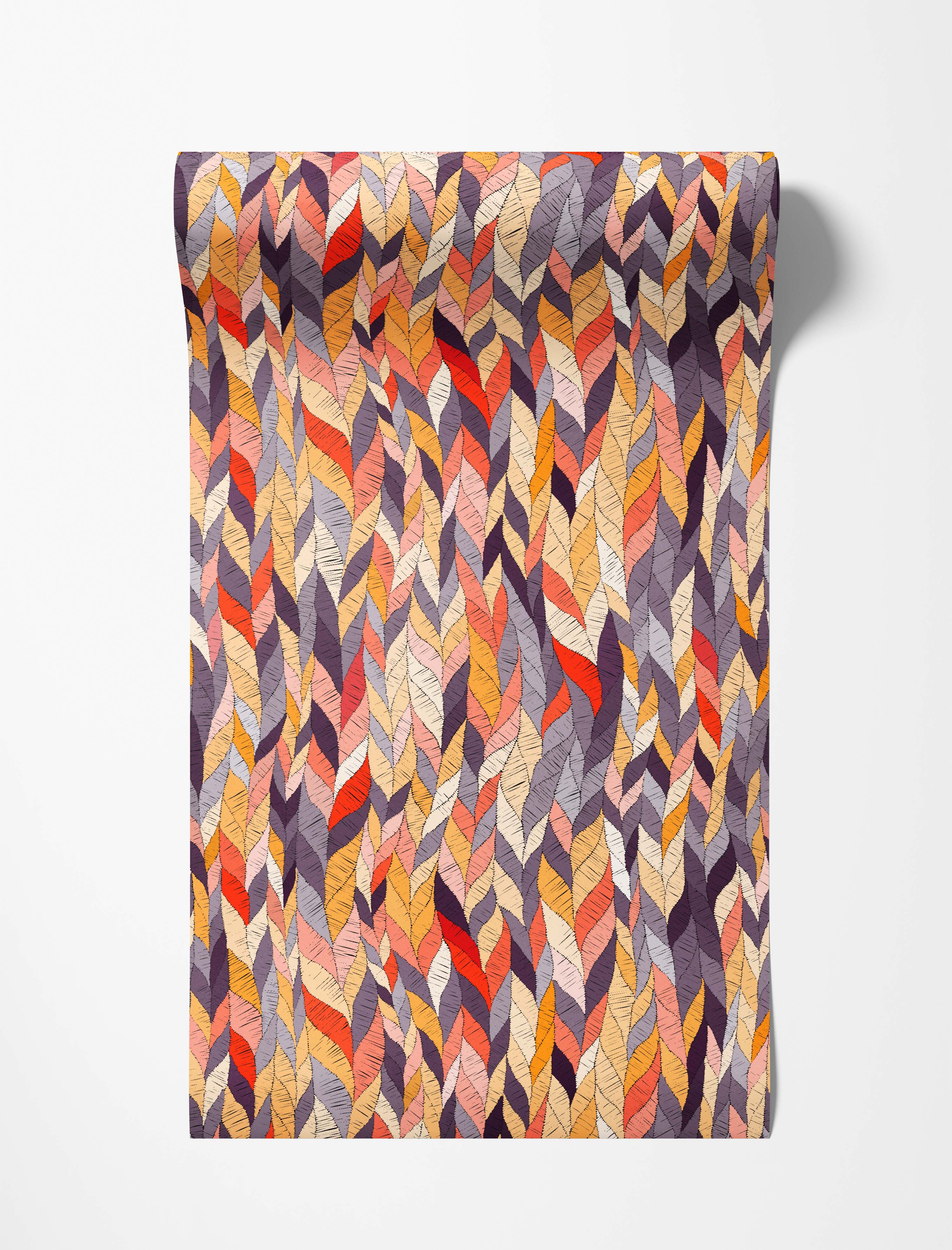 Wallpaper with stylized leaves in warm oranges, reds, yellows, pinks, and purples, featuring a sketched texture.