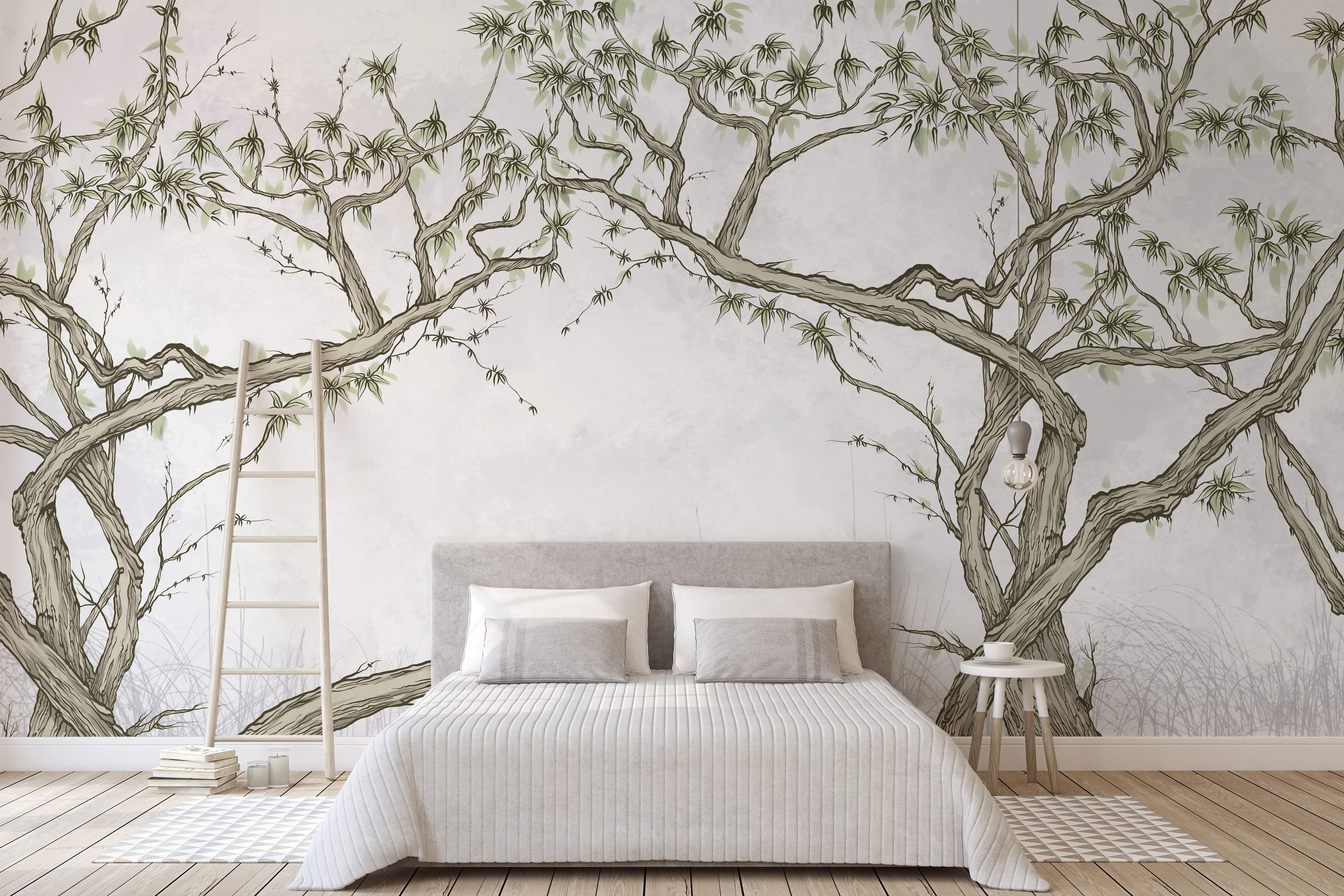 Mural depicting two large, stylized trees with twisting brown branches and pointed green leaves against a light grey textured background.