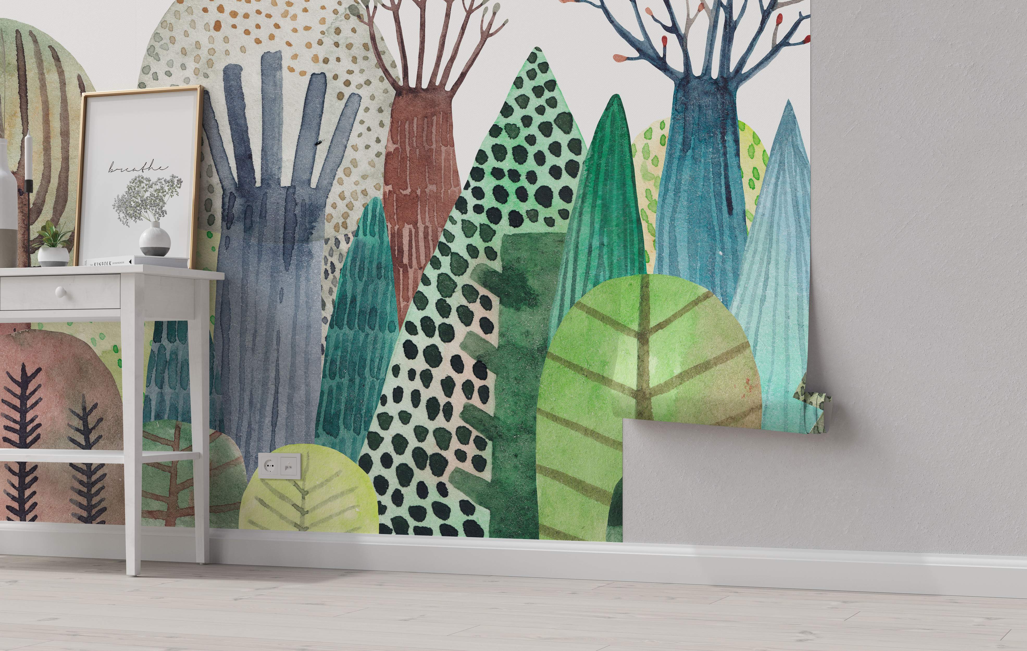 Watercolor mural depicting a stylized forest with trees in various shades of green, blue, and brown, featuring spot and line patterns.