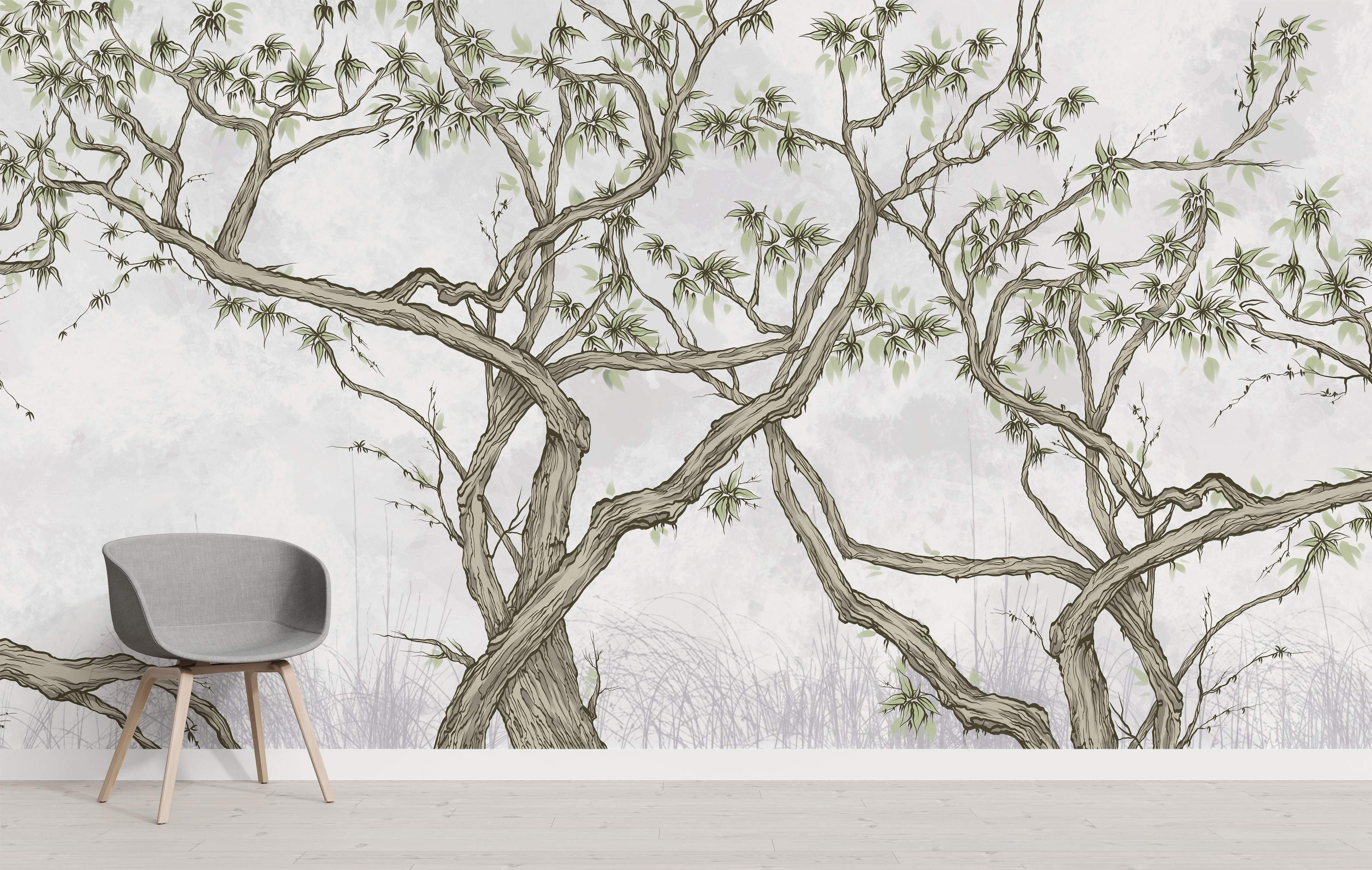 Stylized mural featuring twisting taupe tree branches with green leaves against a light gray textured background.