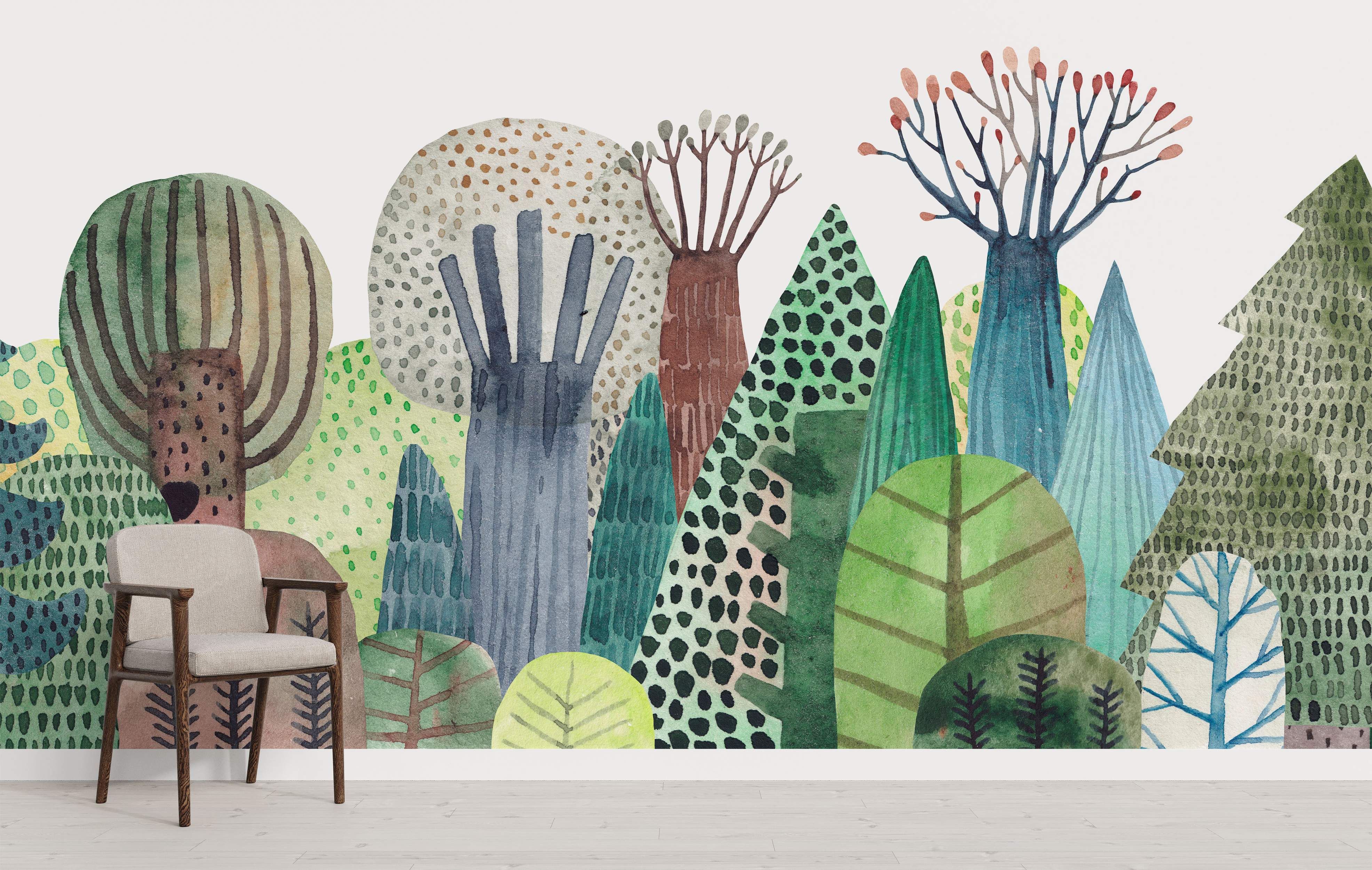Watercolor mural depicting a whimsical forest with stylized trees in various shapes, patterns, and shades of green, blue, and brown.