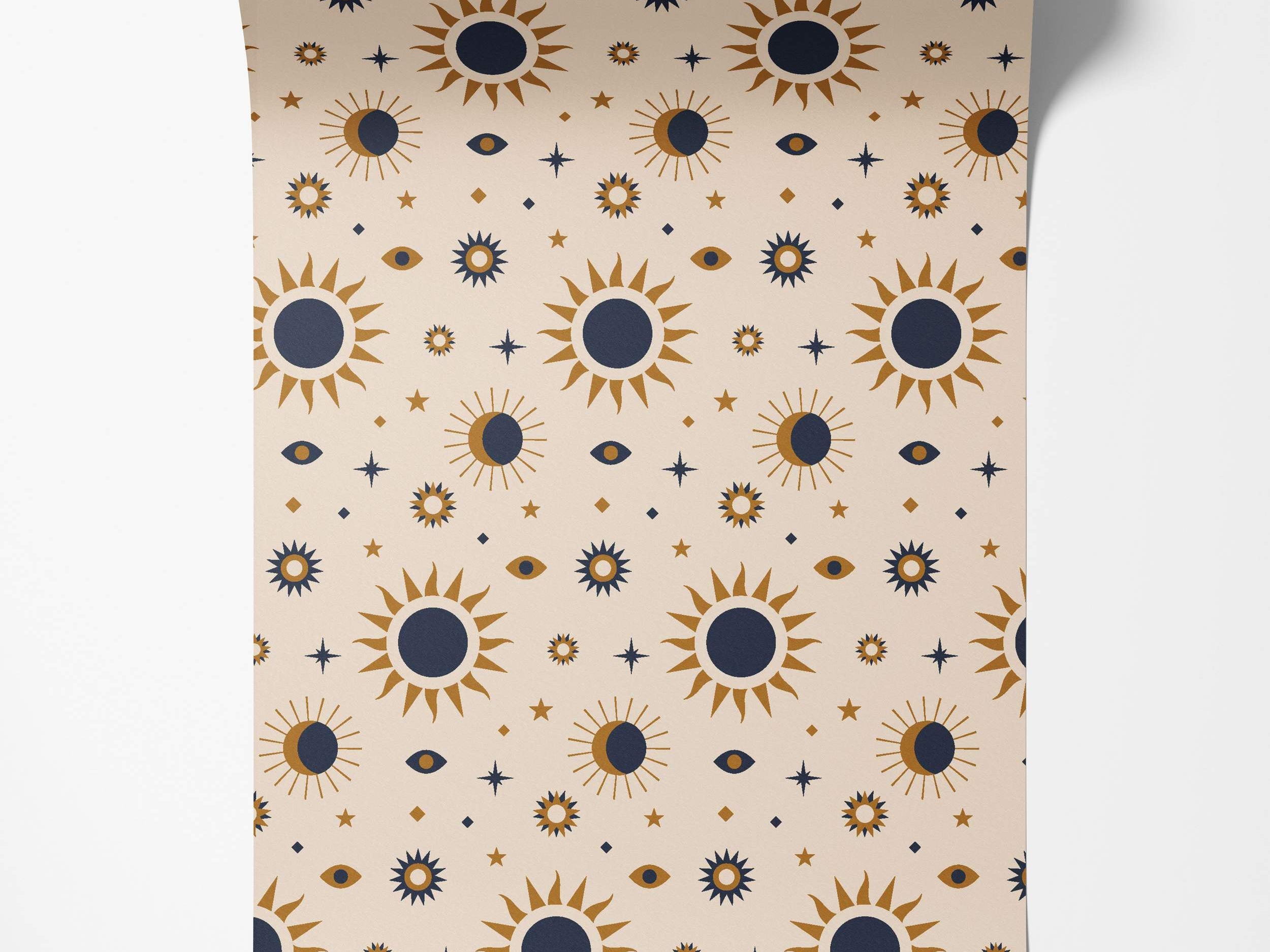 Beige wallpaper with sun, star, and eye patterns in blue and gold.