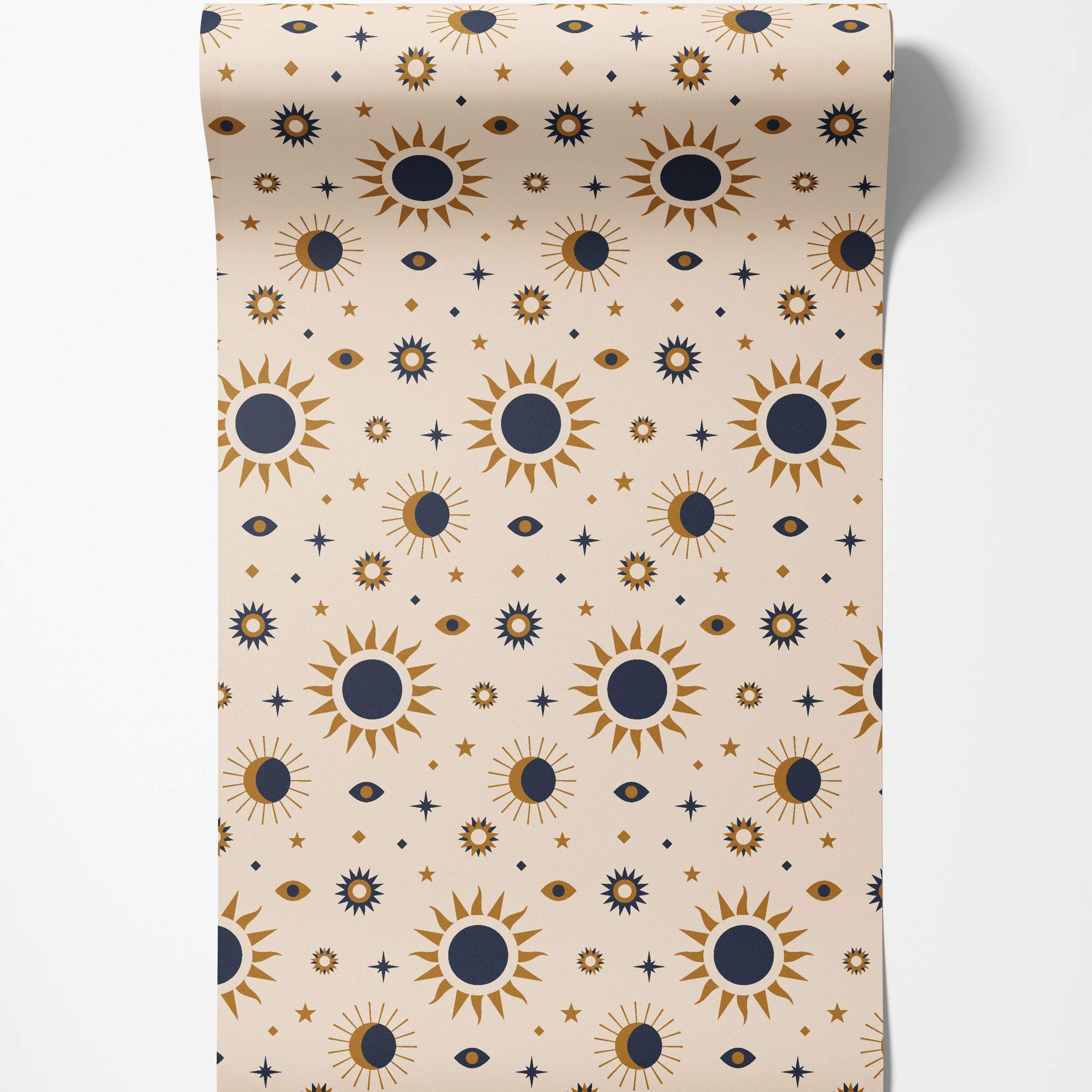 Beige wallpaper with sun, star, and eye patterns in blue and gold.