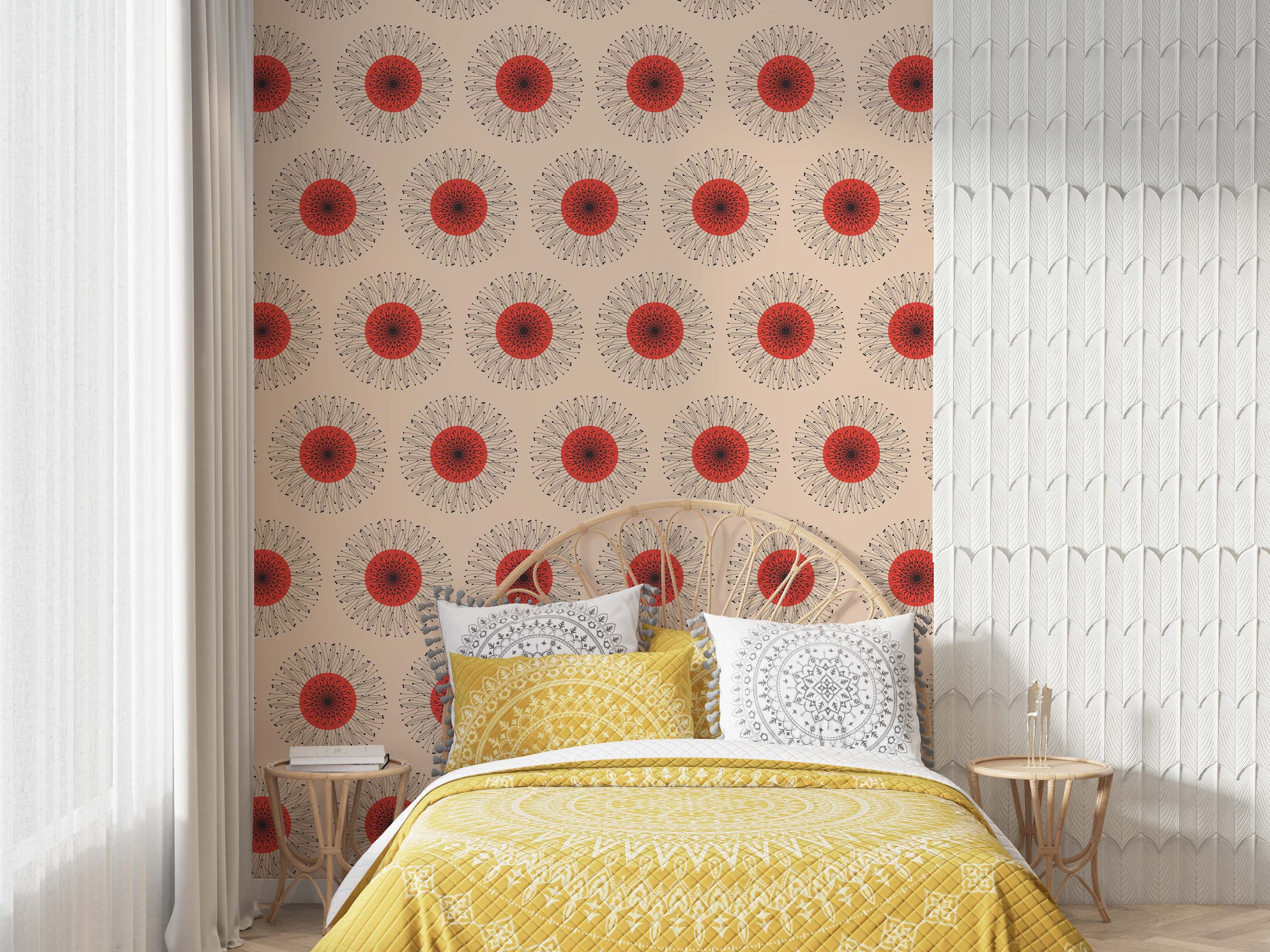 A geometric wallpaper featuring repeating red and black sunburst medallions on a light beige background.