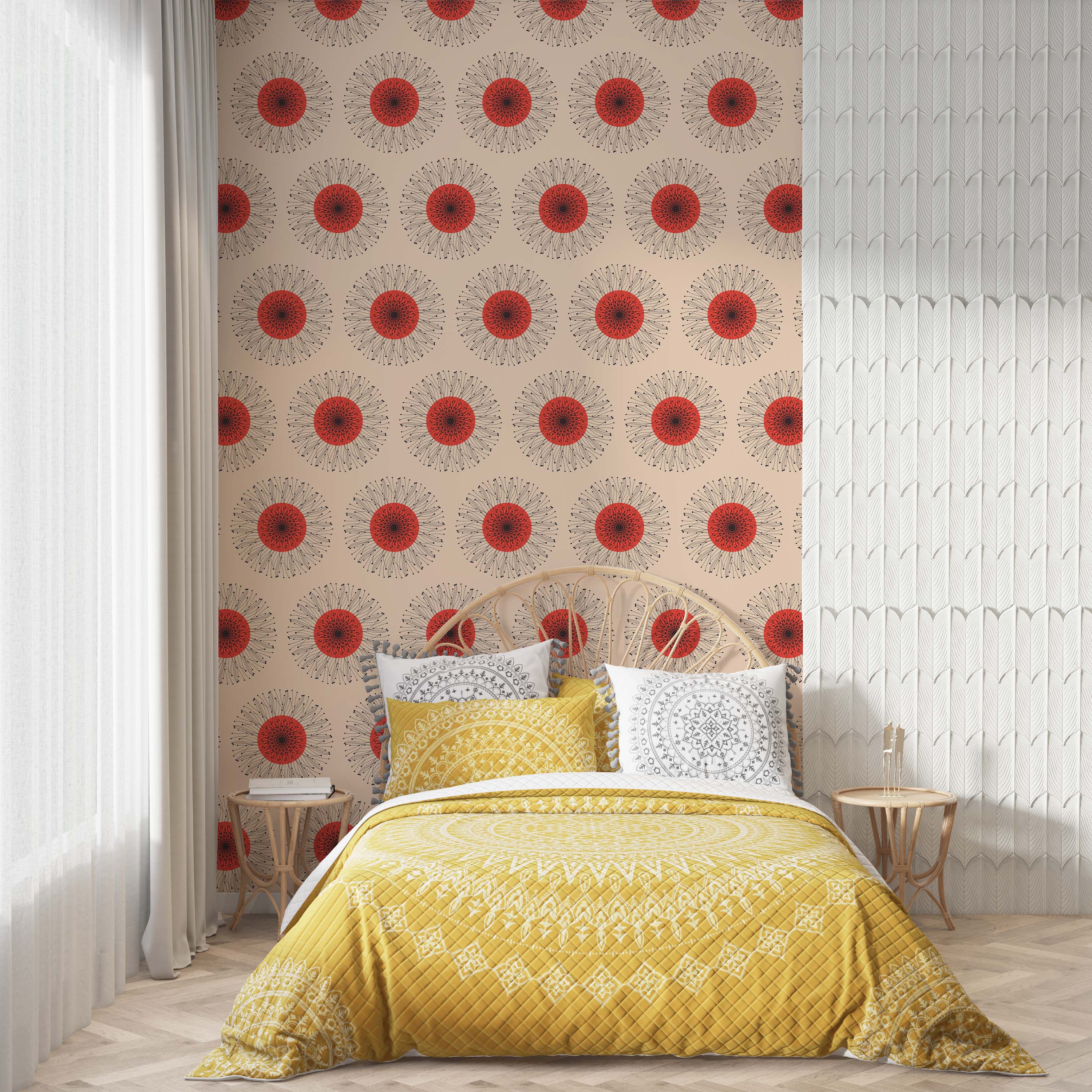 A geometric wallpaper featuring repeating red and black sunburst medallions on a light beige background.