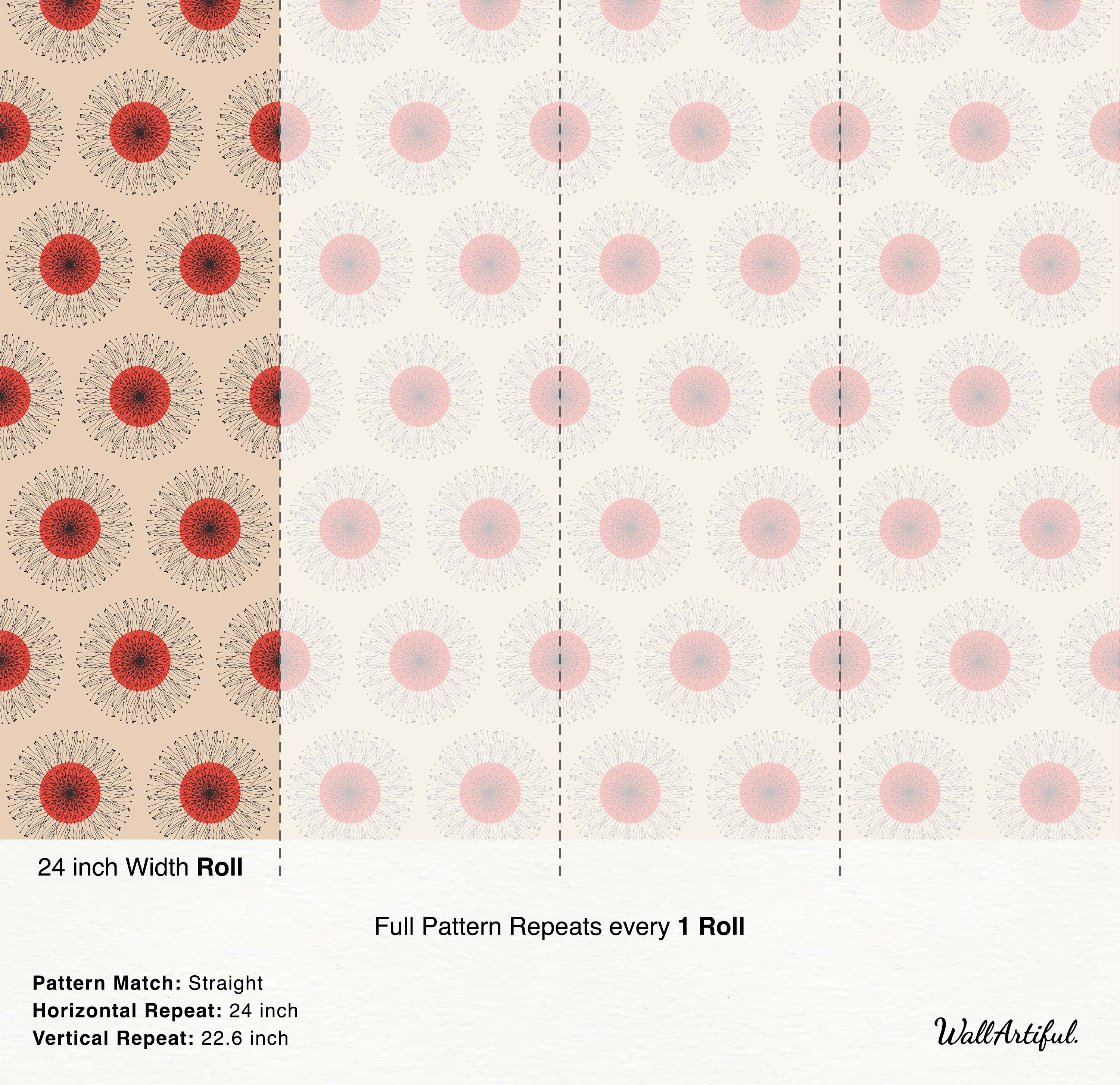Wallpaper with a repeating pattern of stylized sunbursts featuring red centers and black radiating lines on a tan background.