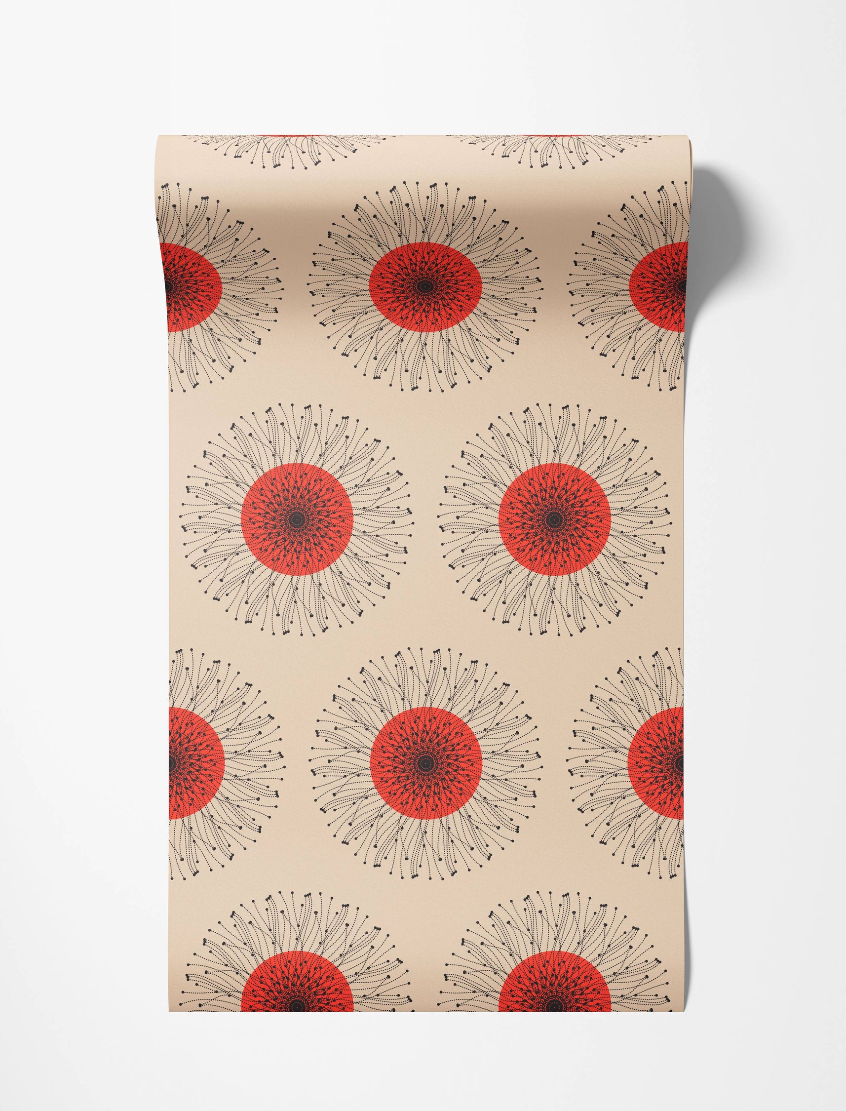 Wallpaper with a pattern of stylized red sunbursts with radiating black dotted lines on a beige background.