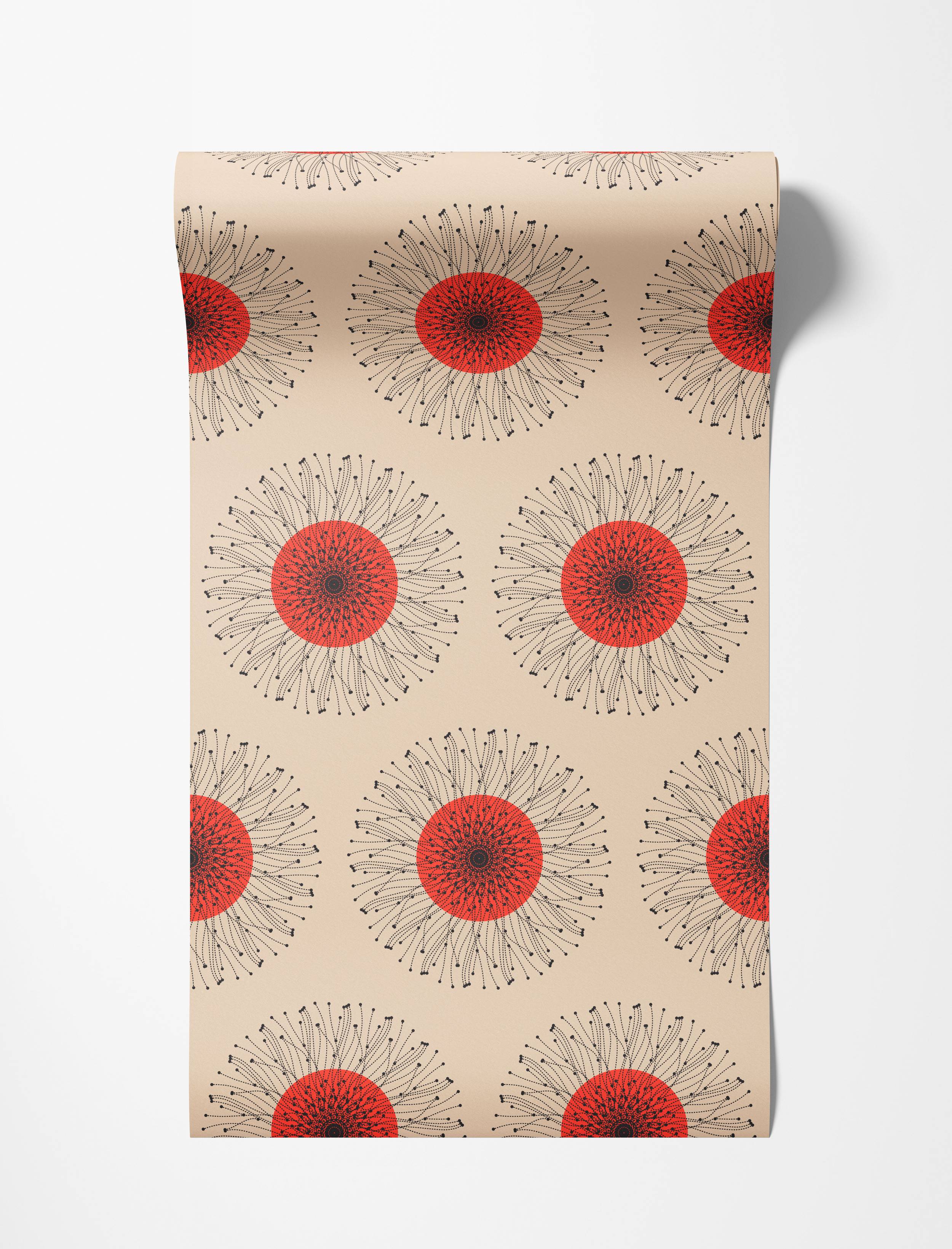 Wallpaper with a pattern of stylized red sunbursts with radiating black dotted lines on a beige background.