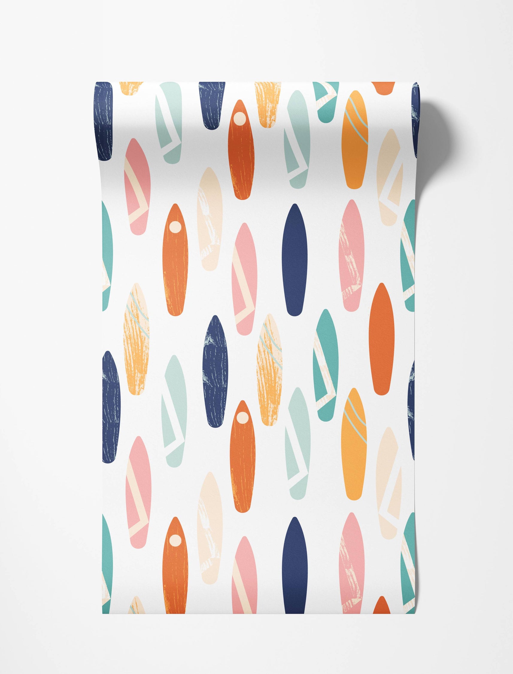 Wallpaper with a repeating pattern of stylized surfboards in shades of blue, orange, pink, teal, and light beige on a white background.