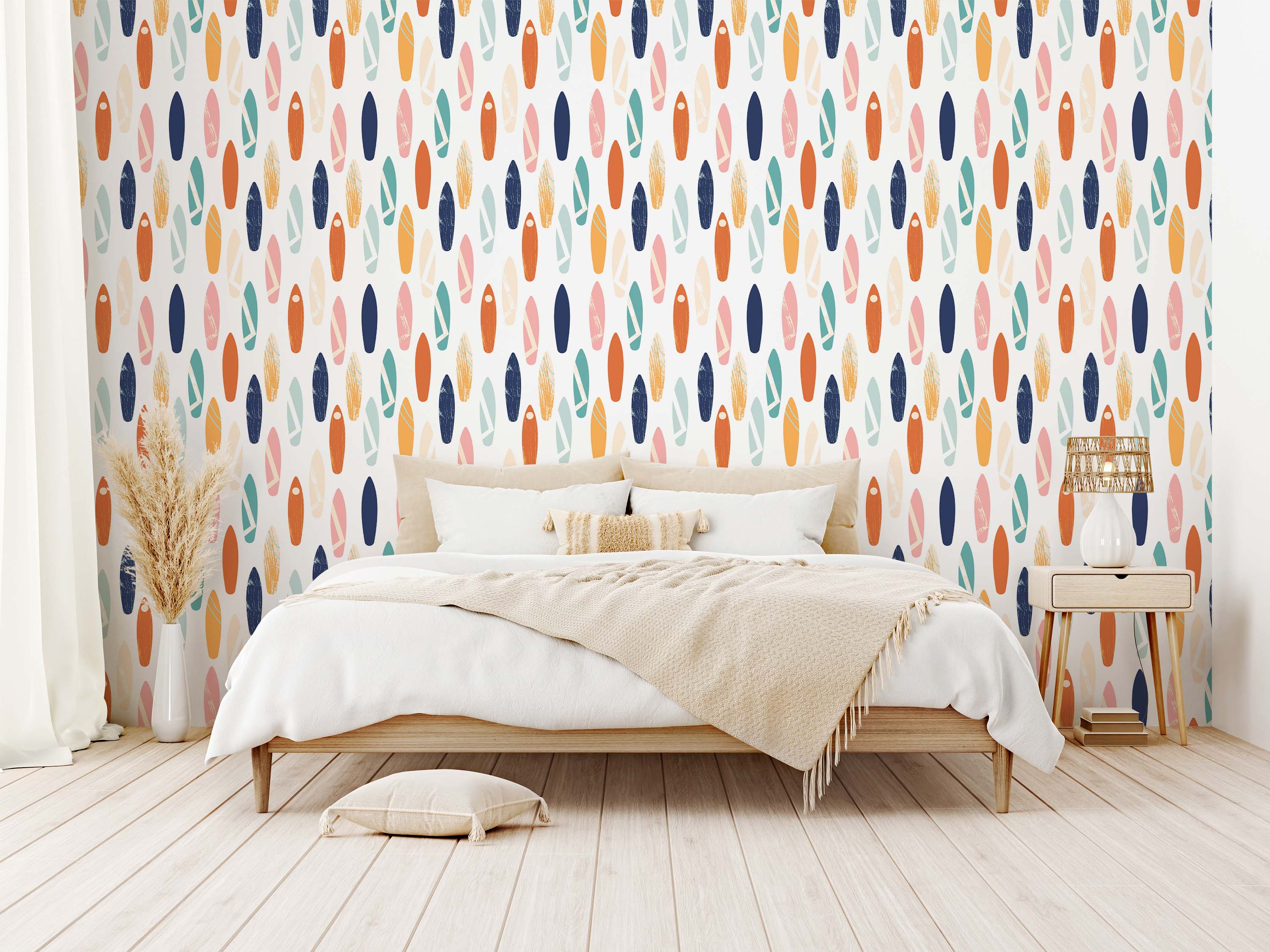 Wallpaper featuring a repeating pattern of stylized surfboards in orange, dark blue, teal, pink, and yellow on a white background.