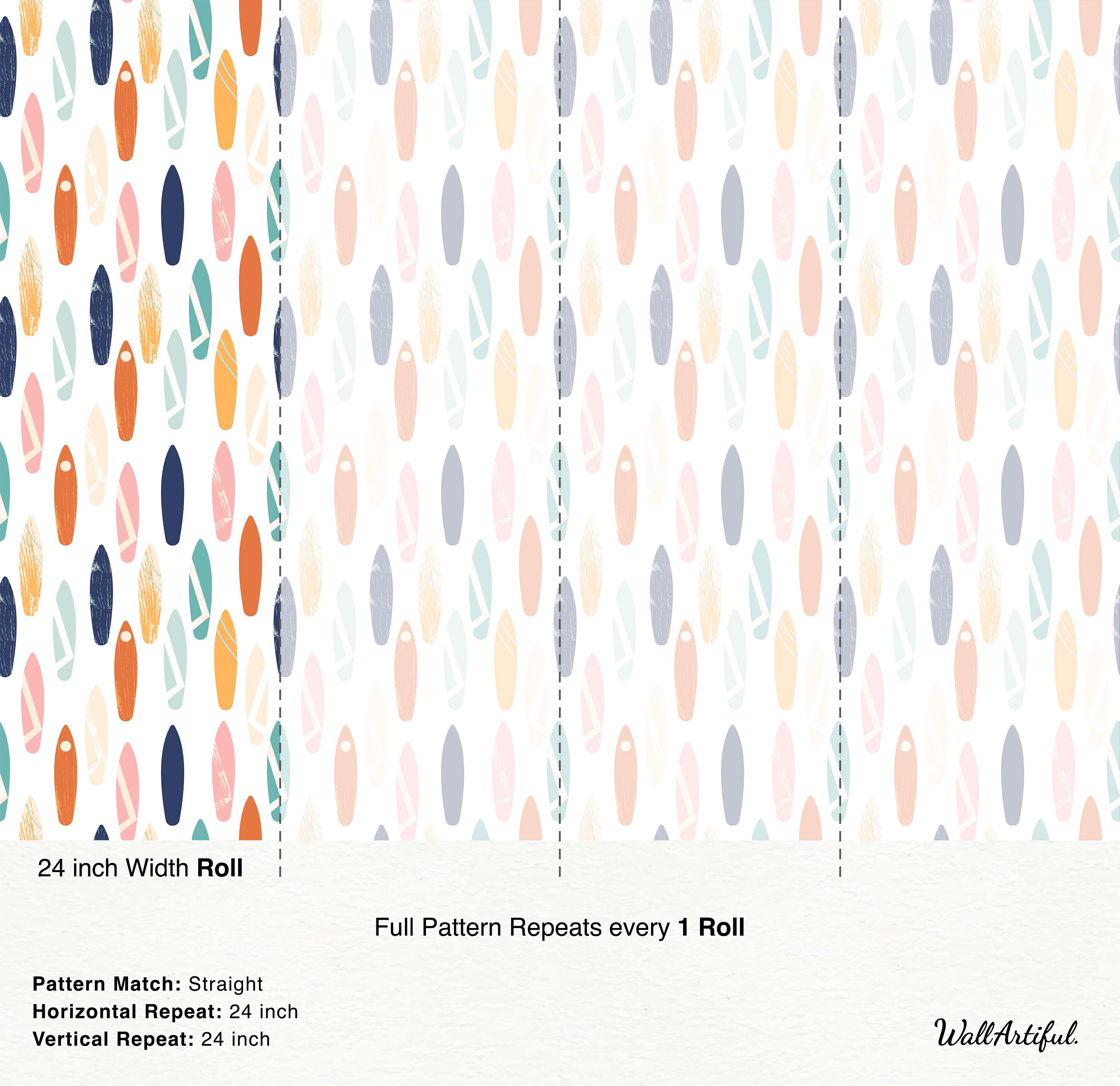 Wallpaper with a repeating pattern of colorful, stylized surfboards in shades of blue, orange, teal, and pink on a white background.