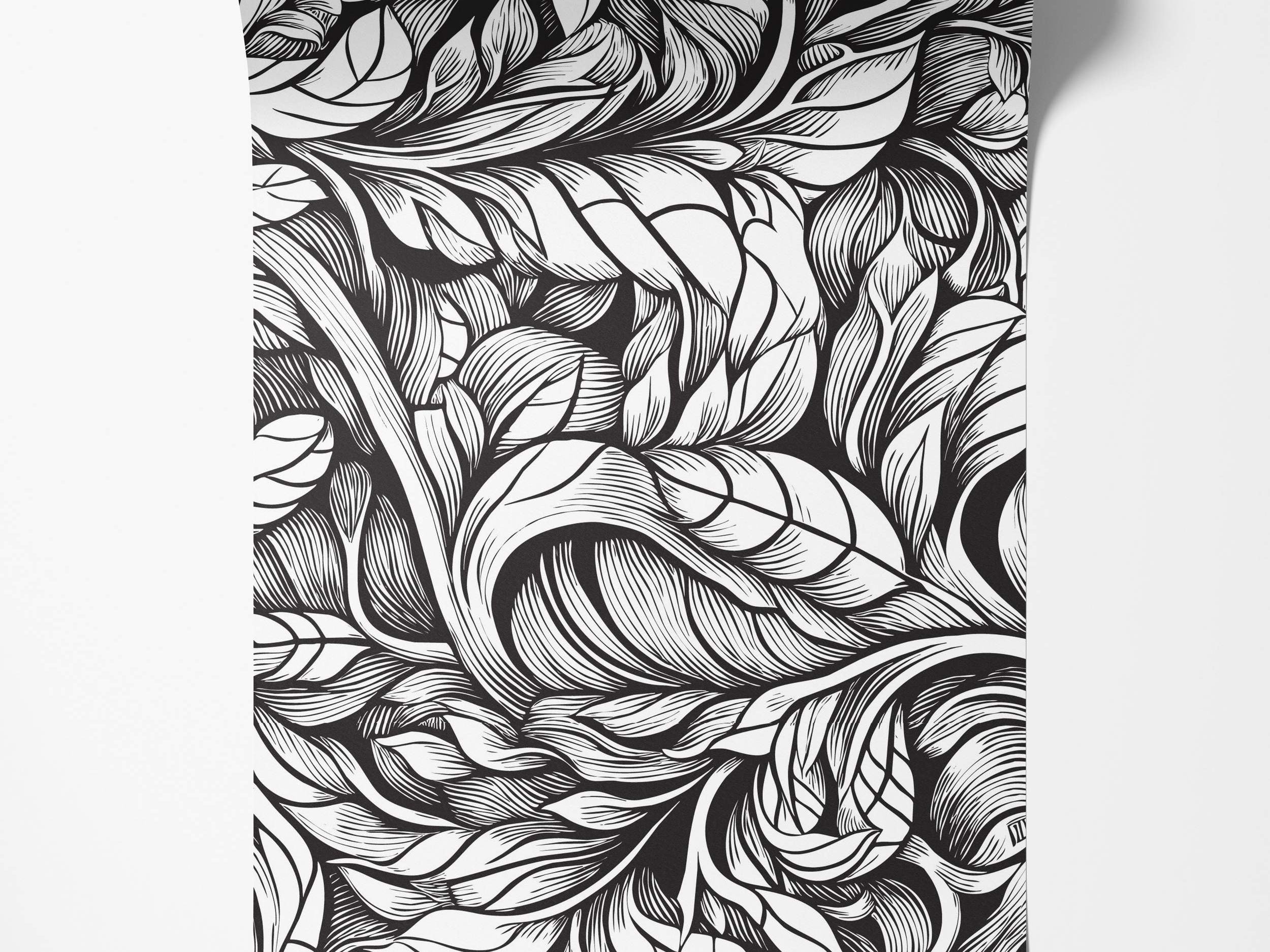 Black and white wallpaper featuring a dense, swirling pattern of graphic, stylized leaves with linocut-style line details.