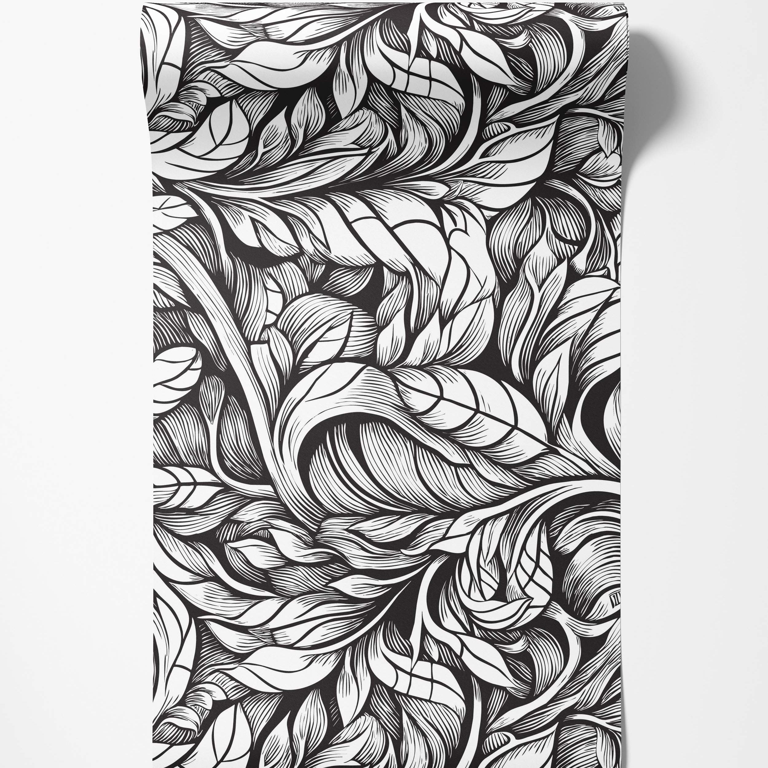Black and white wallpaper featuring a dense, swirling pattern of graphic, stylized leaves with linocut-style line details.
