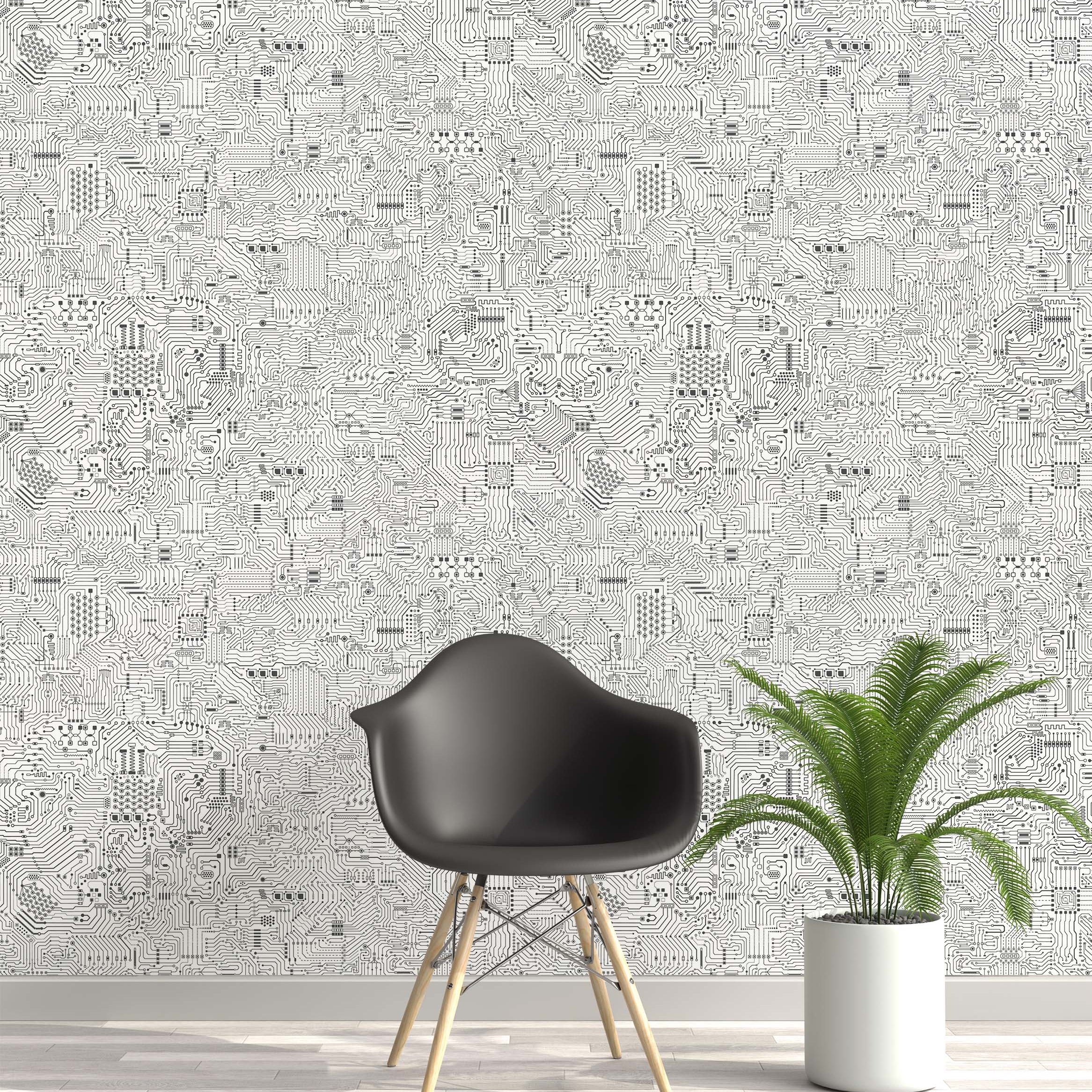 A black and white wallpaper displaying an intricate tech-themed circuit board pattern with fine lines and detailed components.