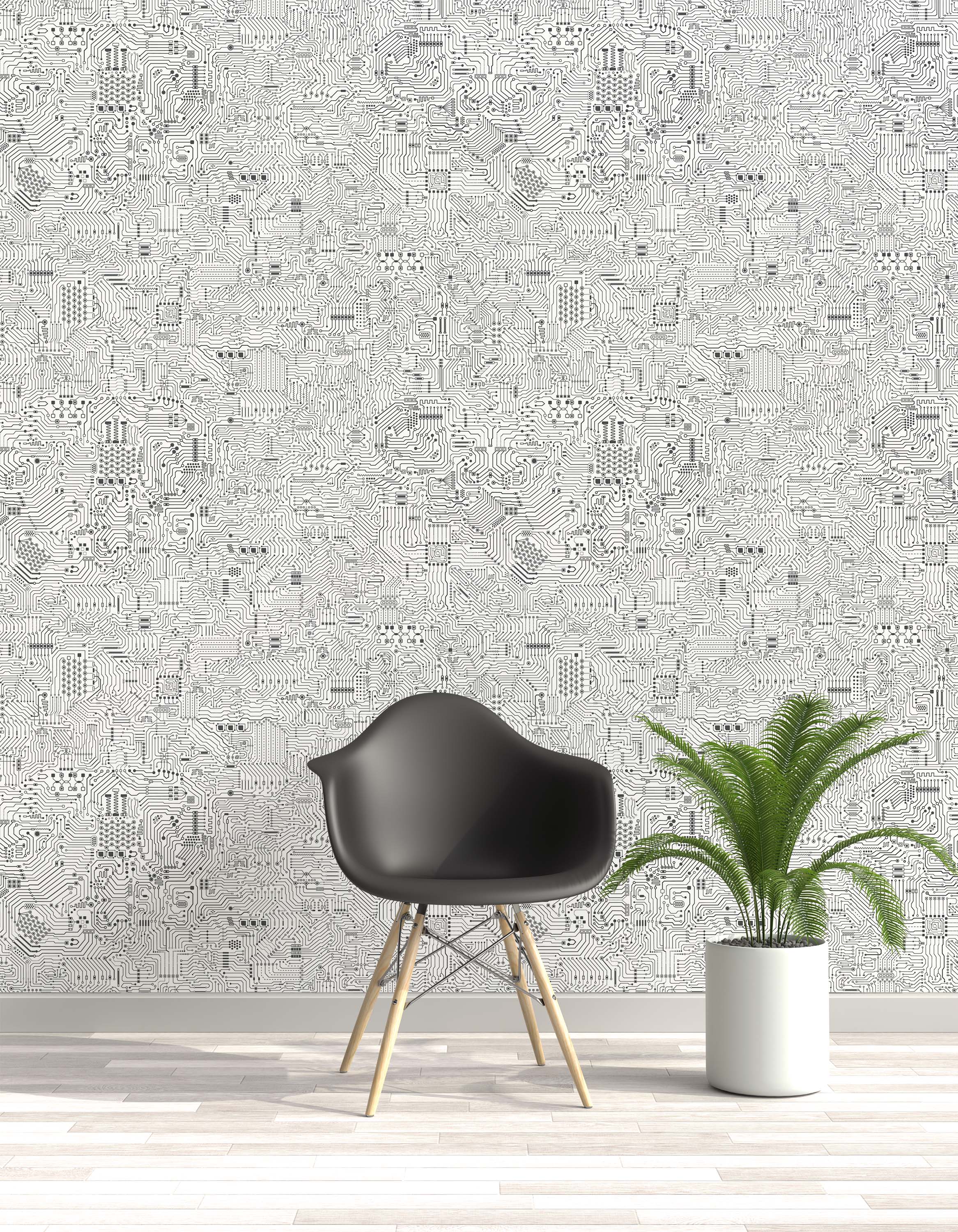 A black and white wallpaper displaying an intricate tech-themed circuit board pattern with fine lines and detailed components.