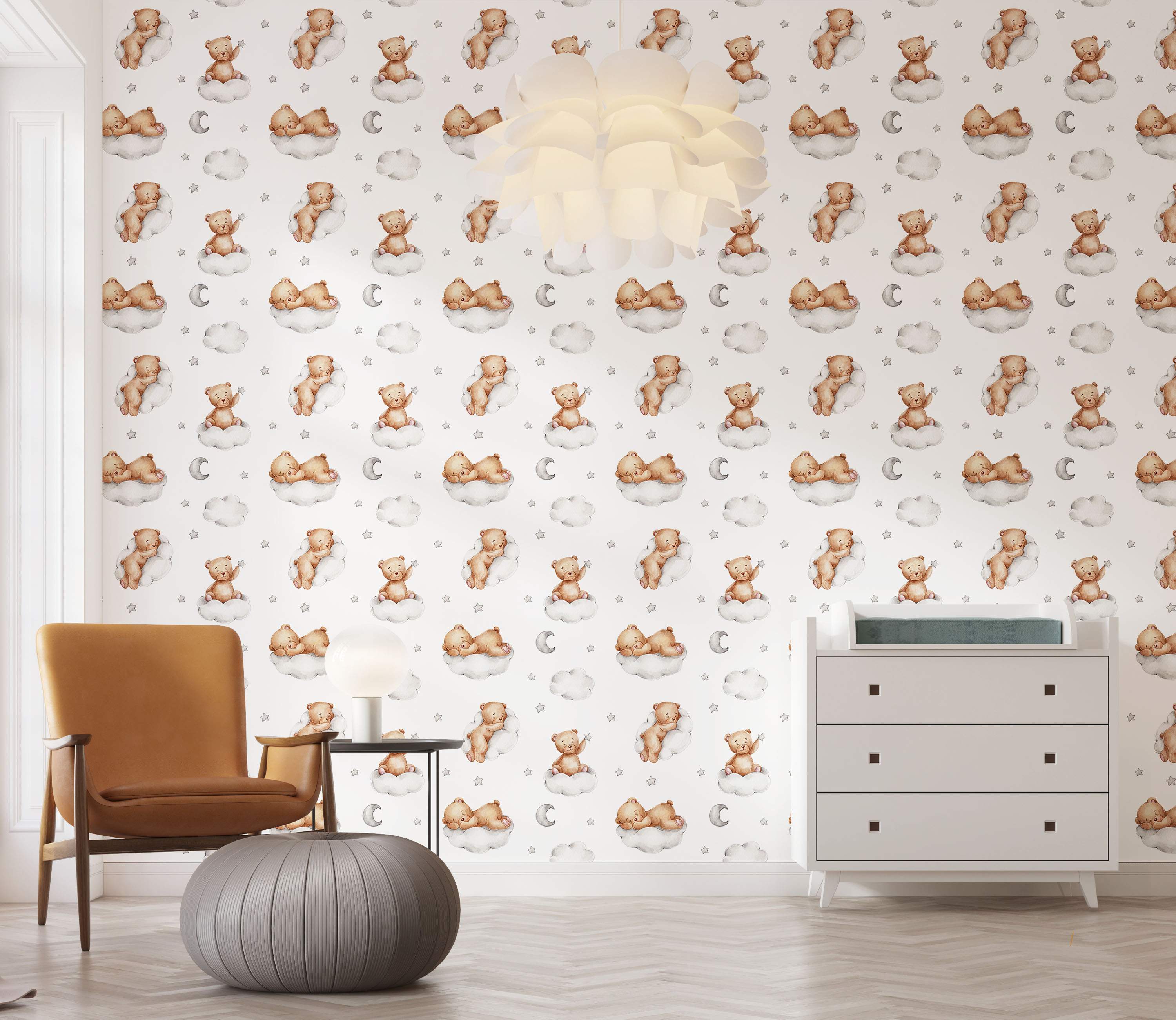 Cute teddy bear and cloud pattern wallpaper.