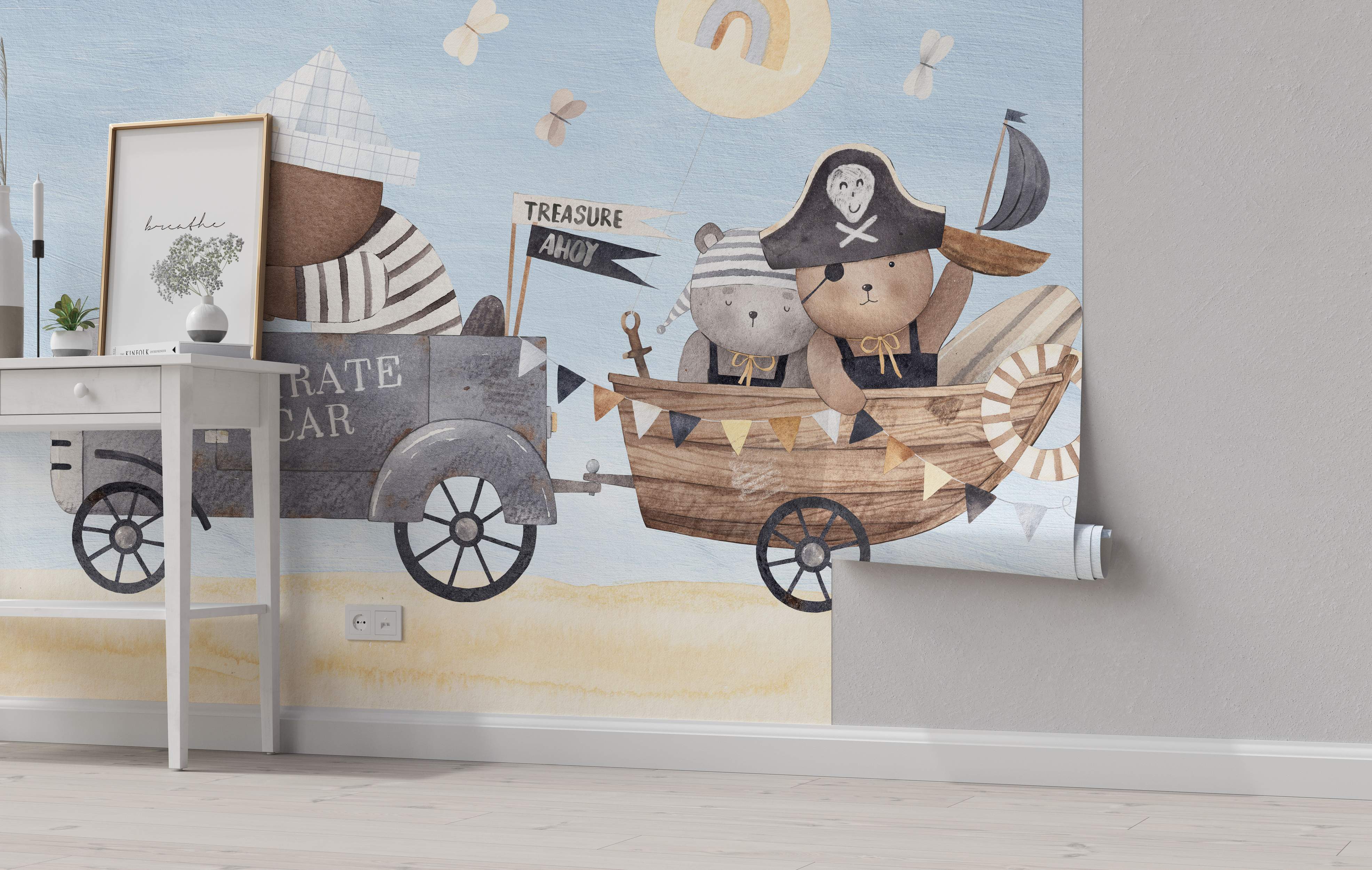 Watercolor mural of pirate teddy bears in a car and boat cart adventure, with blue sky, sun, and beige ground.