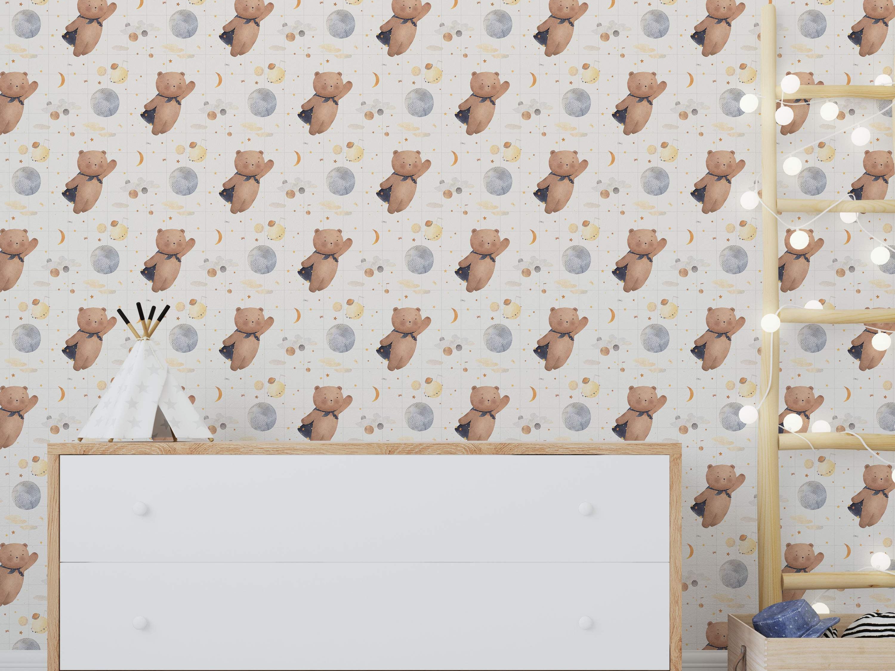 Whimsical wallpaper with watercolor teddy bears in blue capes flying among planets, moons, and stars on a light grid background.