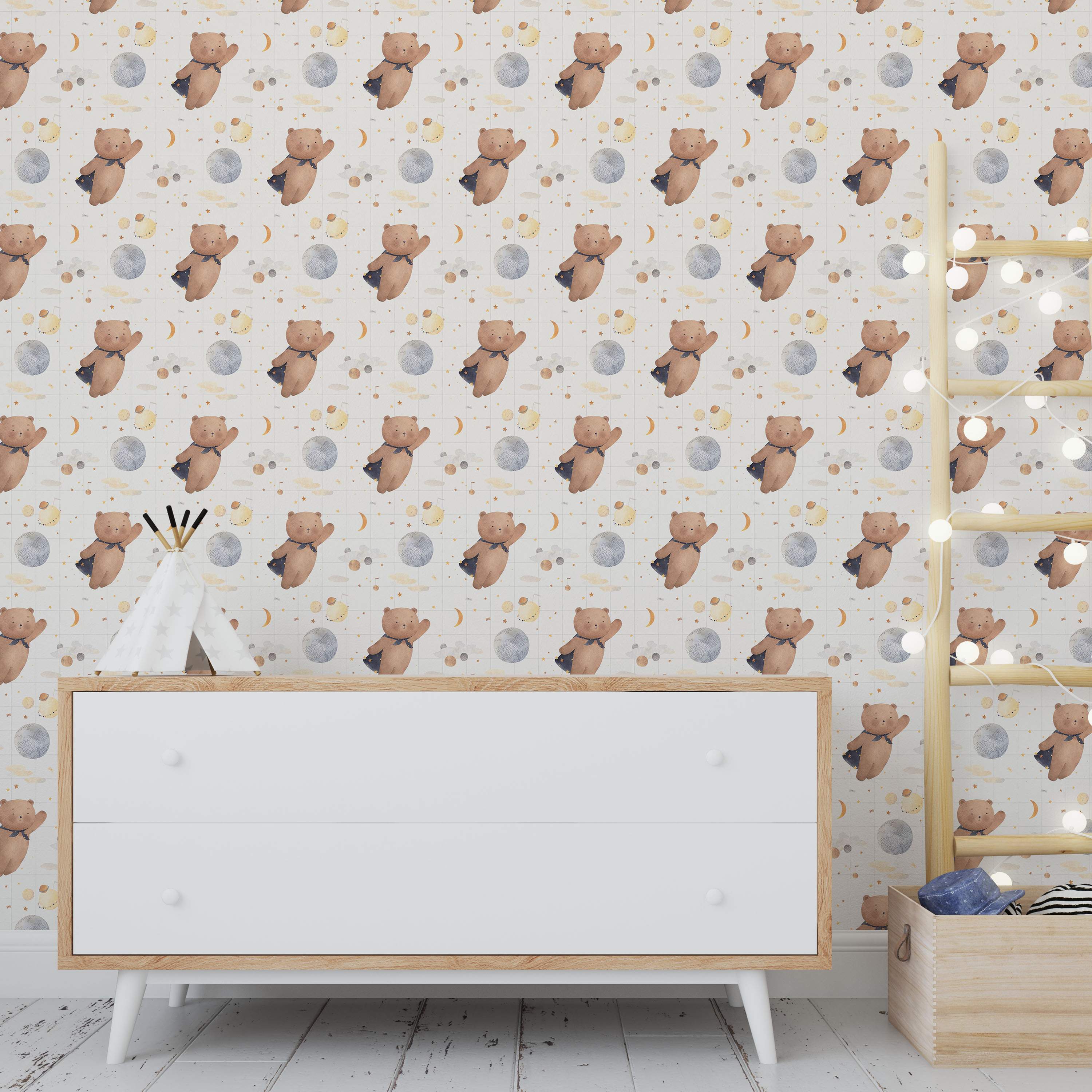 Whimsical wallpaper with watercolor teddy bears in blue capes flying among planets, moons, and stars on a light grid background.