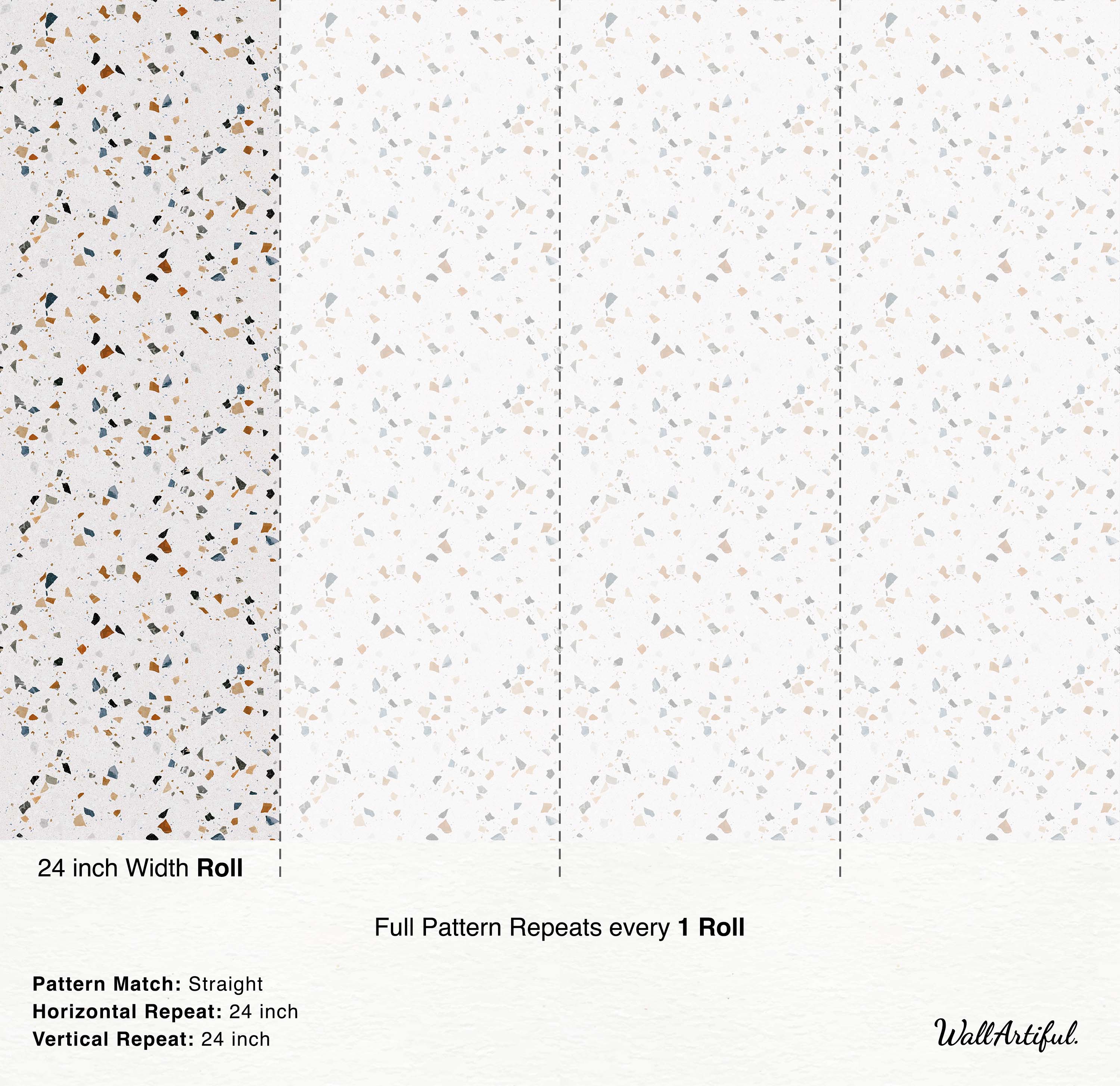Terrazzo wallpaper featuring scattered angular chips in beige, brown, blue-gray, and black on a white background.