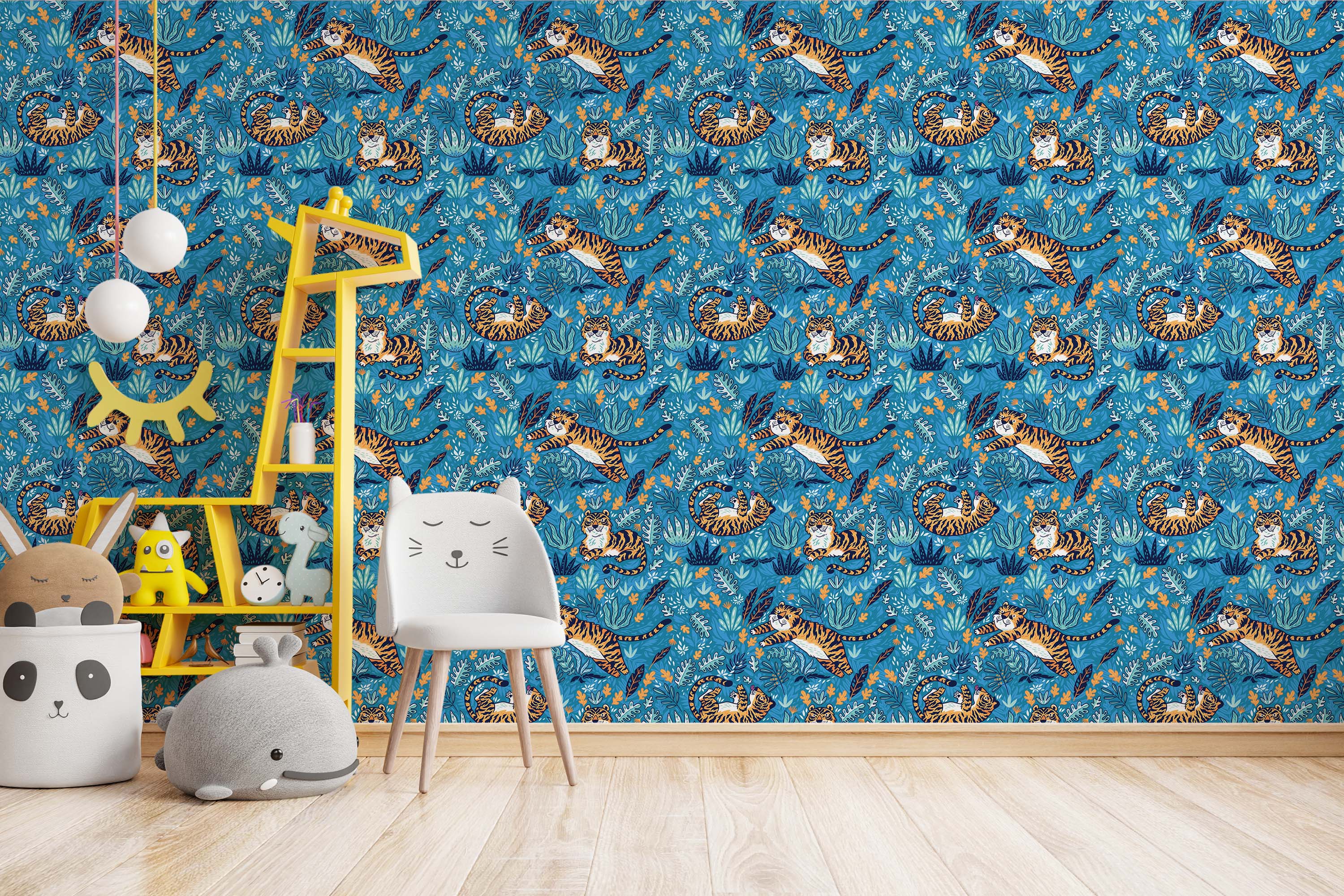 A playful wallpaper featuring illustrated orange and black tigers in a jungle of blue, teal, and orange leaves on a blue background.