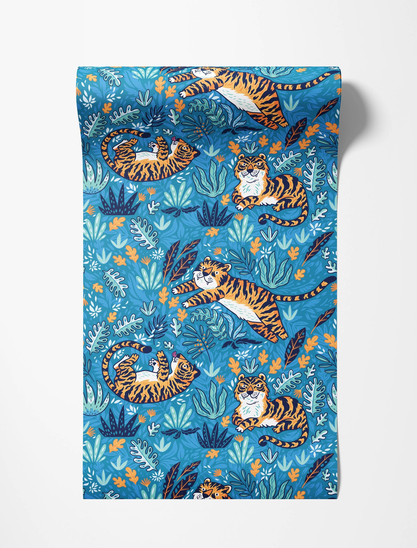 A playful wallpaper featuring cartoon tigers lounging and leaping amongst dense blue, teal, and orange tropical leaves.