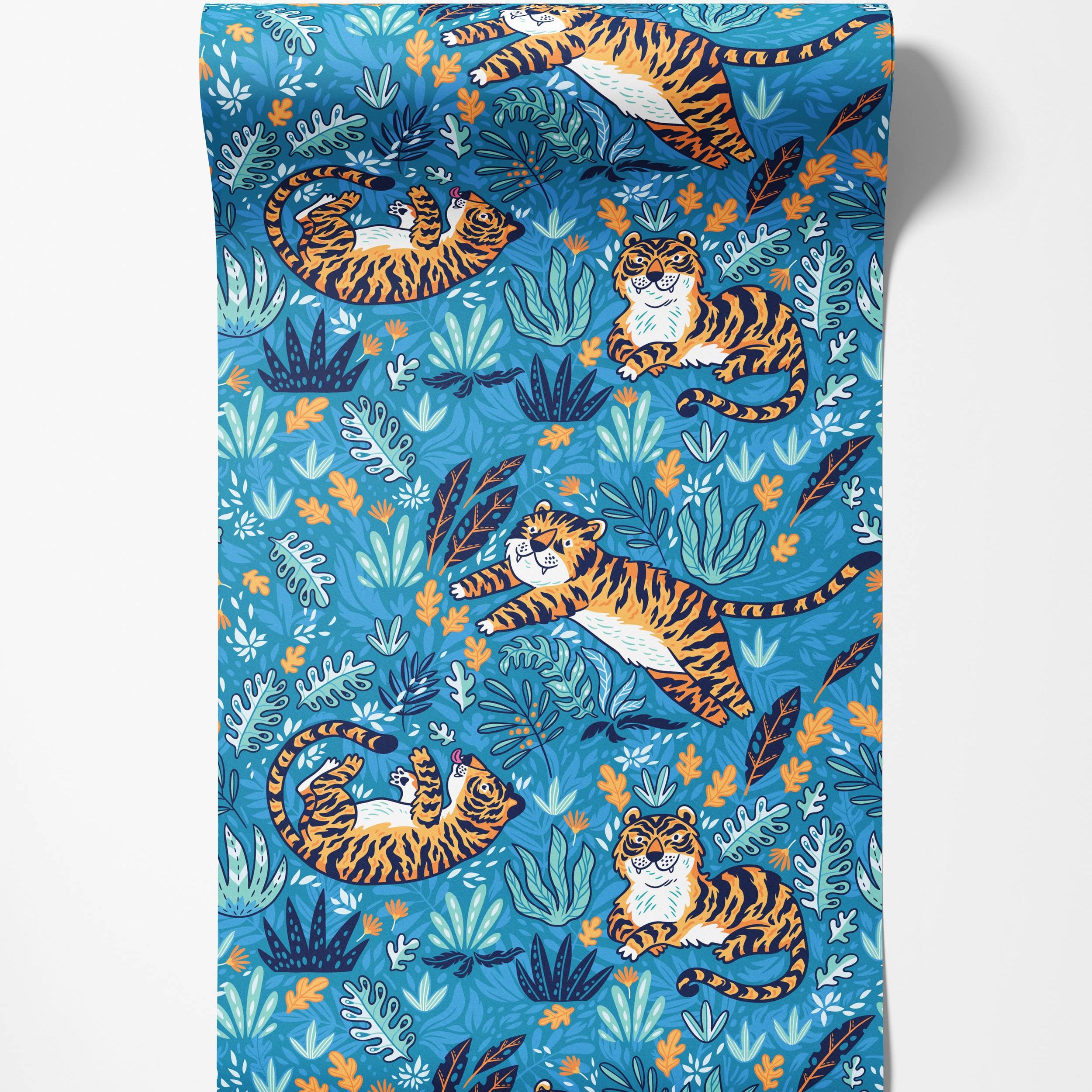 A playful wallpaper featuring cartoon tigers lounging and leaping amongst dense blue, teal, and orange tropical leaves.