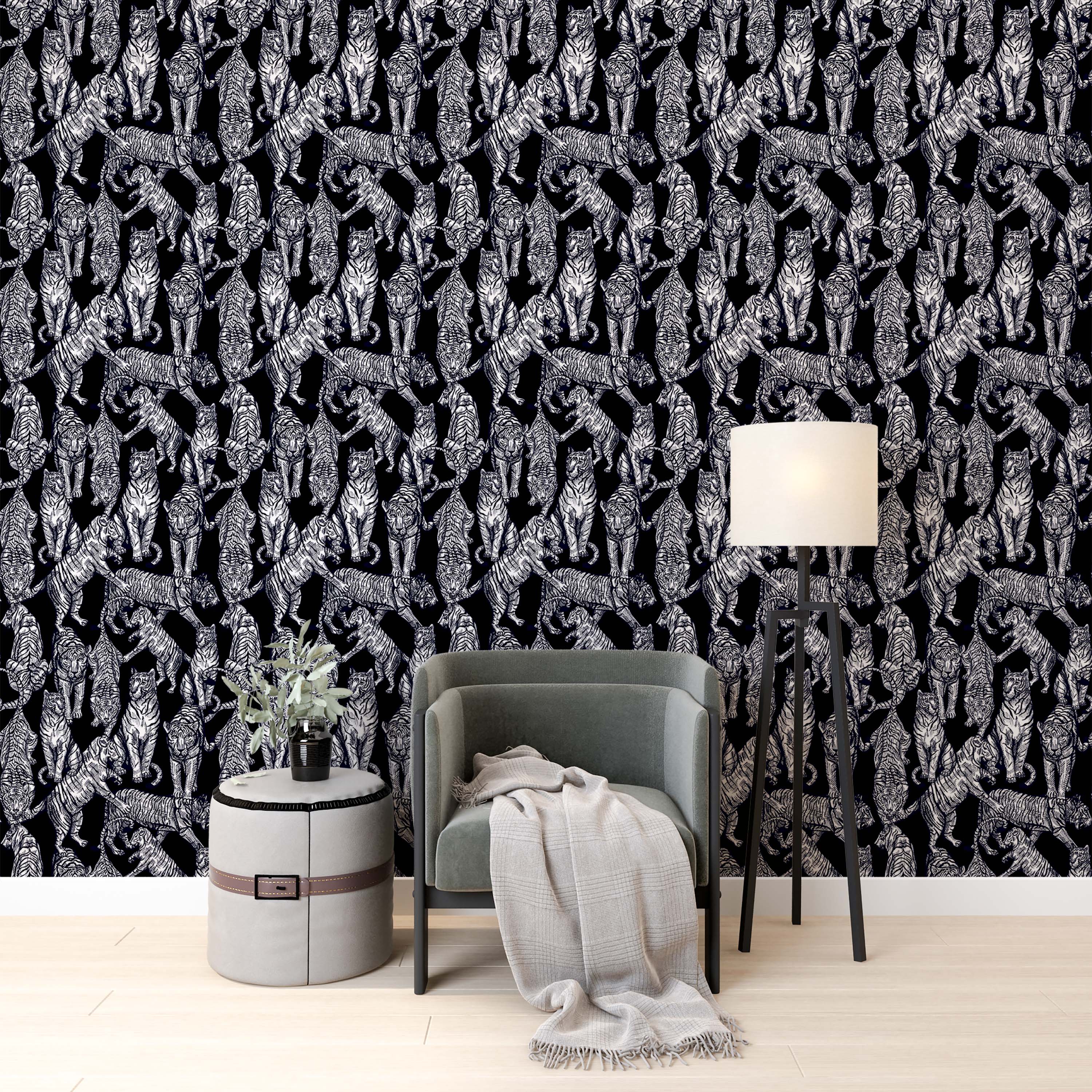 A black and white wallpaper featuring a dense, repeating pattern of illustrative tigers in various poses.