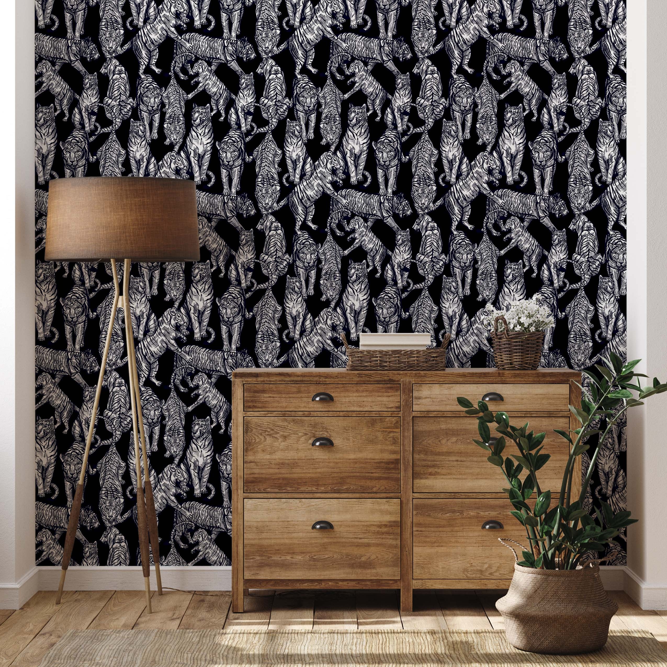 A black and white wallpaper featuring a dense, repeating pattern of illustrated tigers in various dynamic poses.